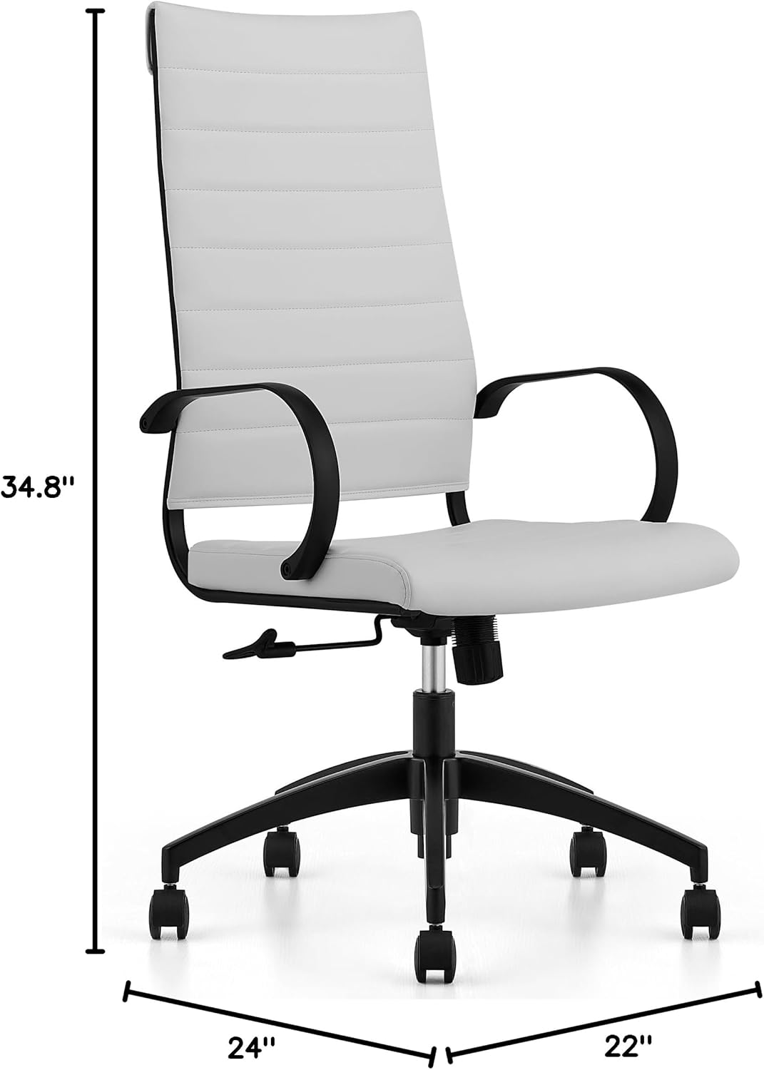 Ribbed High Back Conference Room Chairs - Lumbar Support, Modern Executive Home Office Chair - White Leather Seat & Black Aluminum Frame