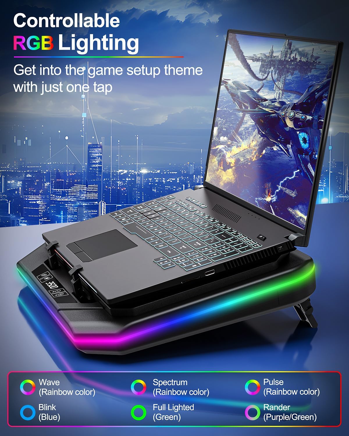 MOUNT PRO Gaming Laptop Cooling Pad, RGB Laptop Cooler Stand with Powerful Turbofan (3500 RPM), Height Adjustable Laptop Fan Cooling Pad for 13-19 Inches Notebook, with Sealed Foam, Touch Control