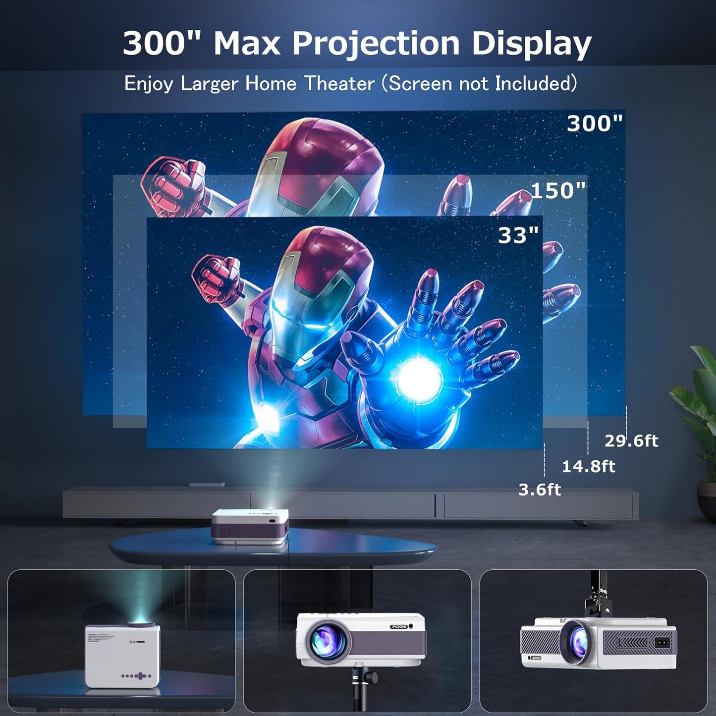 Projector with WiFi and Bluetooth, FUDONI 5G WiFi Native 1080P Outdoor Projector 15000L Support 4K, Portable Movie Projector with Keystone & Zoom, for iOS/Android/Laptop/TV Stick/HDMI/USB/VGA/TF