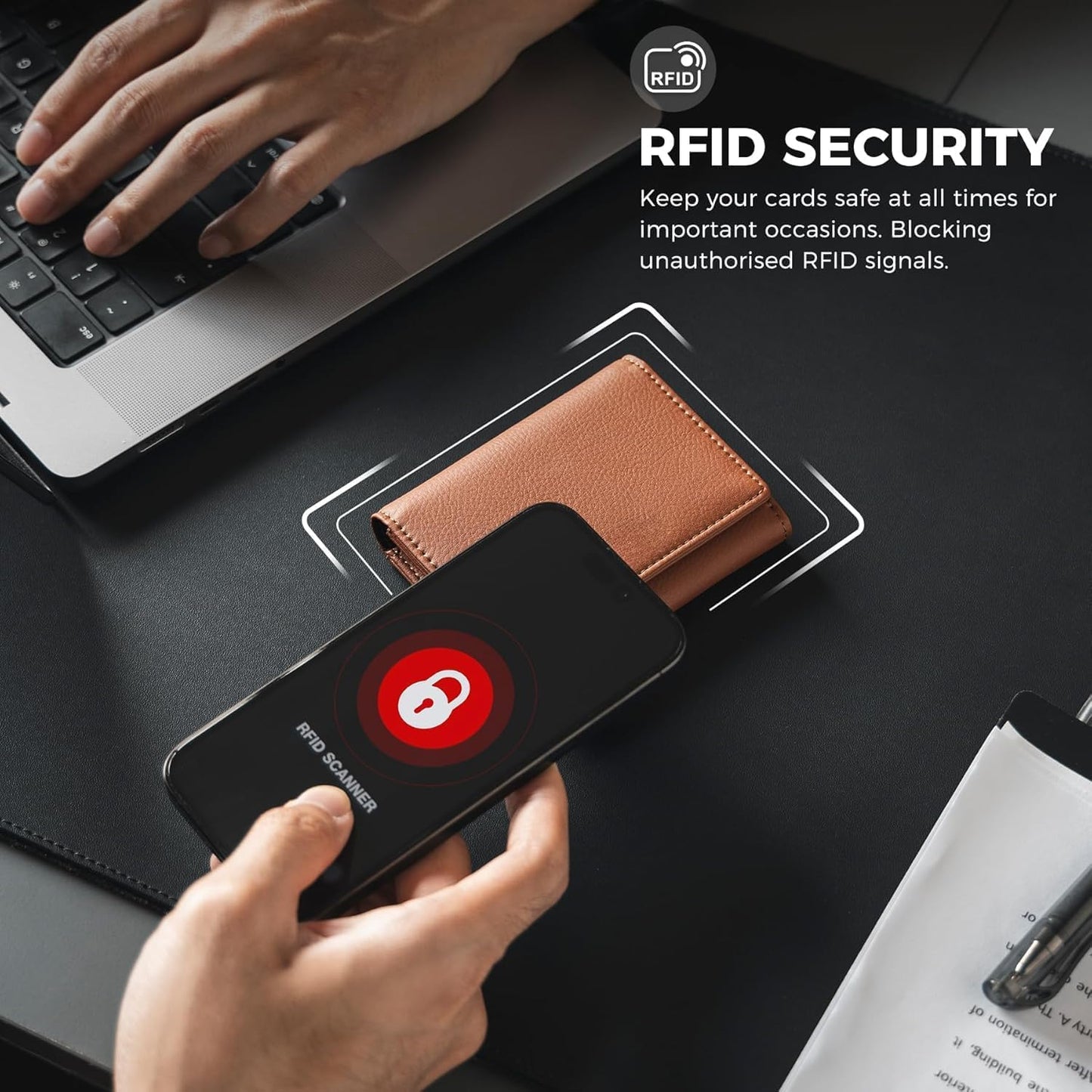 Real Leather Business Card Holder Premium RFID Blocking Card Case with ID Window and Magnetic Closure Holds Up to 40 Business Cards (Grain Brown)