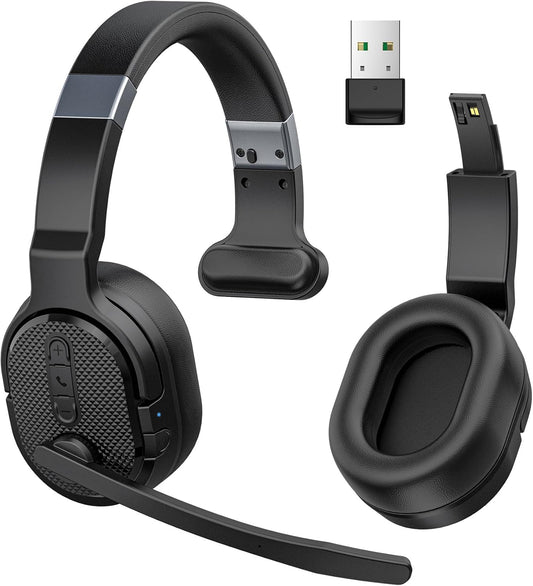 Trucker Bluetooth Headset with Dongle, Wireless Headsets with Noise Cancelling Microphone, 50+Hrs HD Talktime Bluetooth Headphones with Detachable Earpad/Single+Dual Mode for Office/Driving