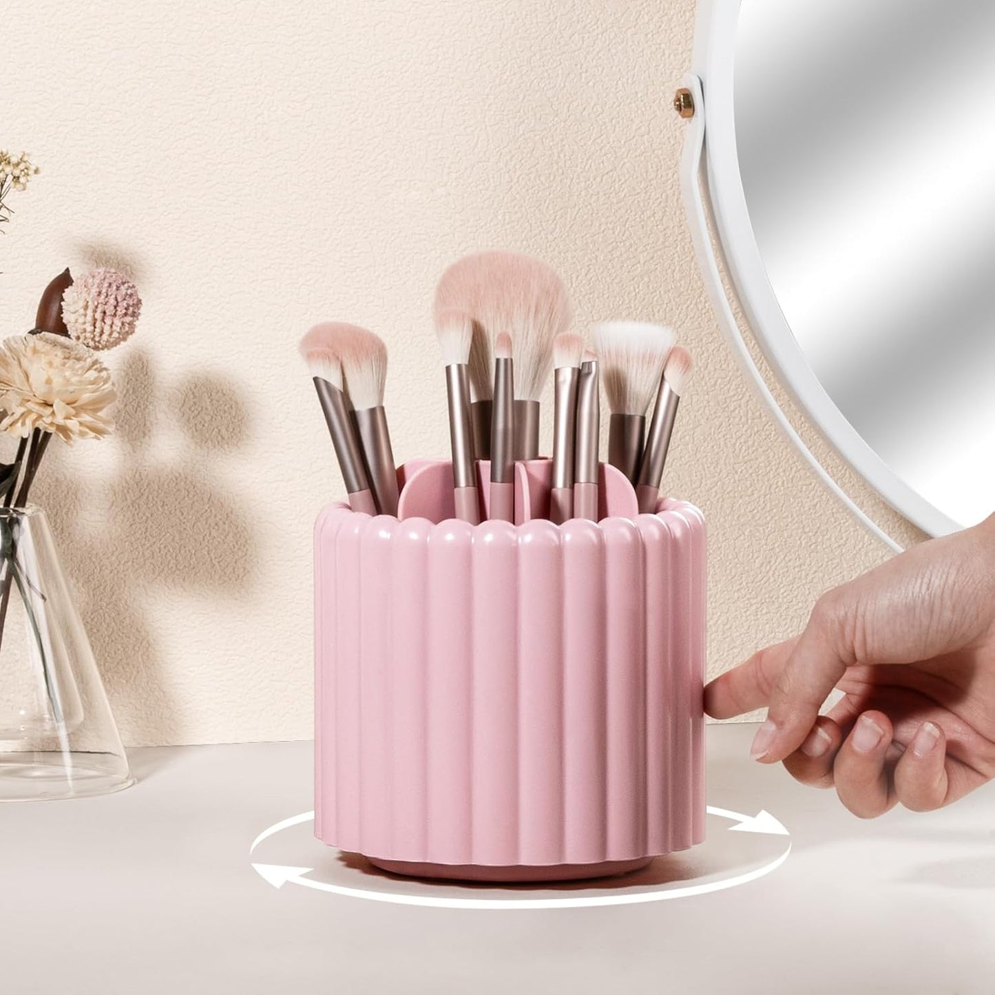Anyoifax 360 Rotating Makeup Brush Holder 7 Slots Make Up Brush Organizer Removable Spinning Cosmetic Brushes Storage Pen Holder for Vanity, Dresser, Desk, Pink