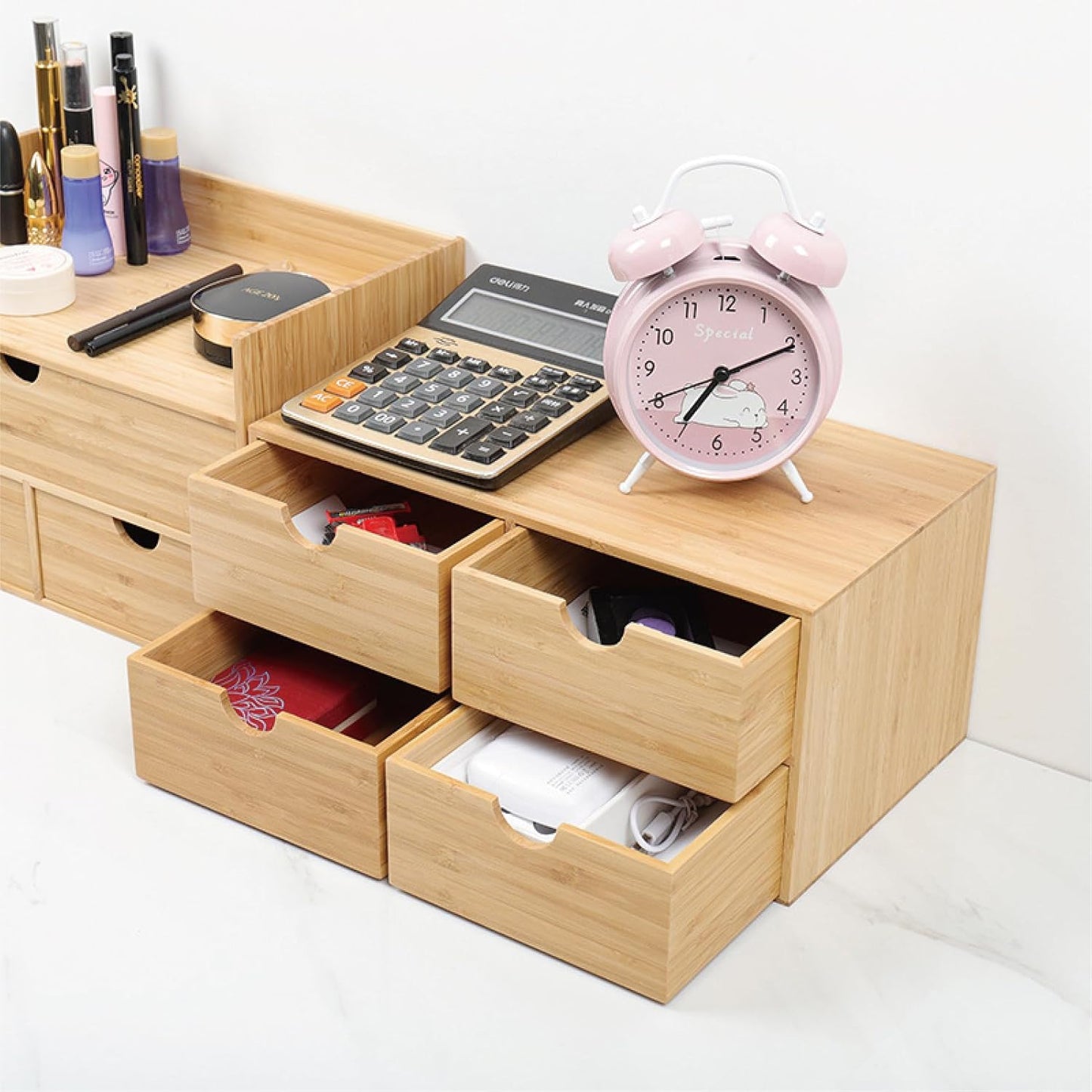 Bamboo Desk Organizer with 4 Drawers – Countertop Storage Box for Makeup, Office Supplies, and Home Essentials – Stylish Tabletop Organizer for Workspace or Bathroom