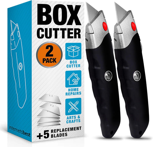 INTERNET'S BEST Premium Utility Knife Set | Retractable Box Cutter with Rubber Handle | Heavy-Duty Cutting for Cardboard, Carpet, Plastic | Retractable Blade | Includes 2 Razor Knives & Extra Blades