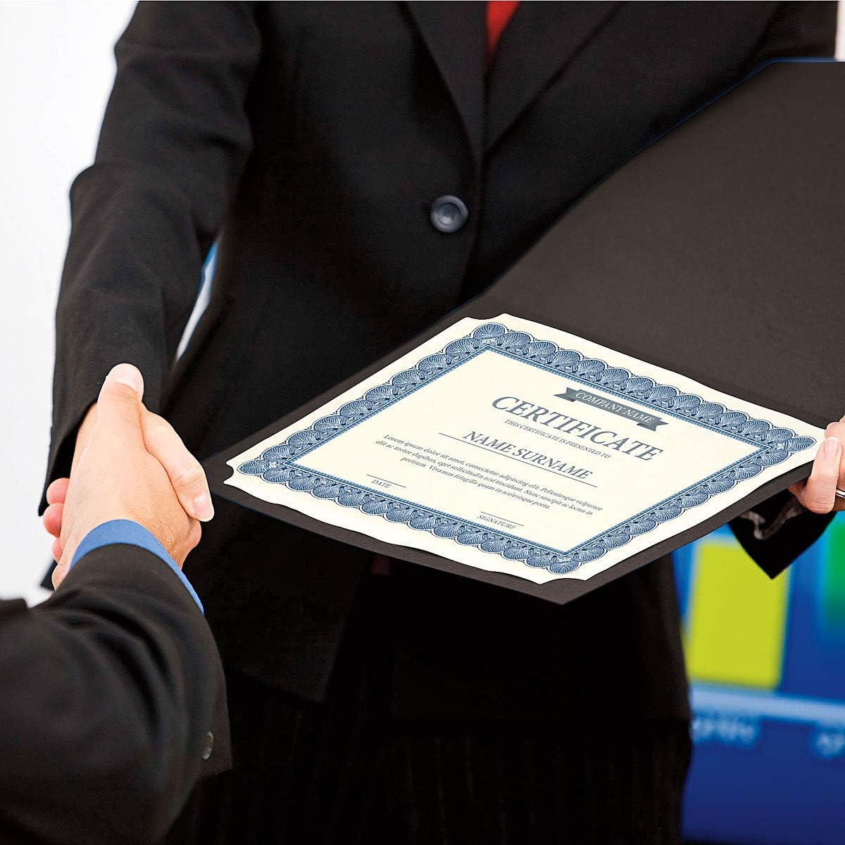 Plain Black Certificate Folders - Pack 50, Linen Cover 80 lb. Stock, Folded, Die-Cut Corners, for Office, Business Awards, Graduation, School Diploma Holder, 9-1/2" x 12" (Set of 50)