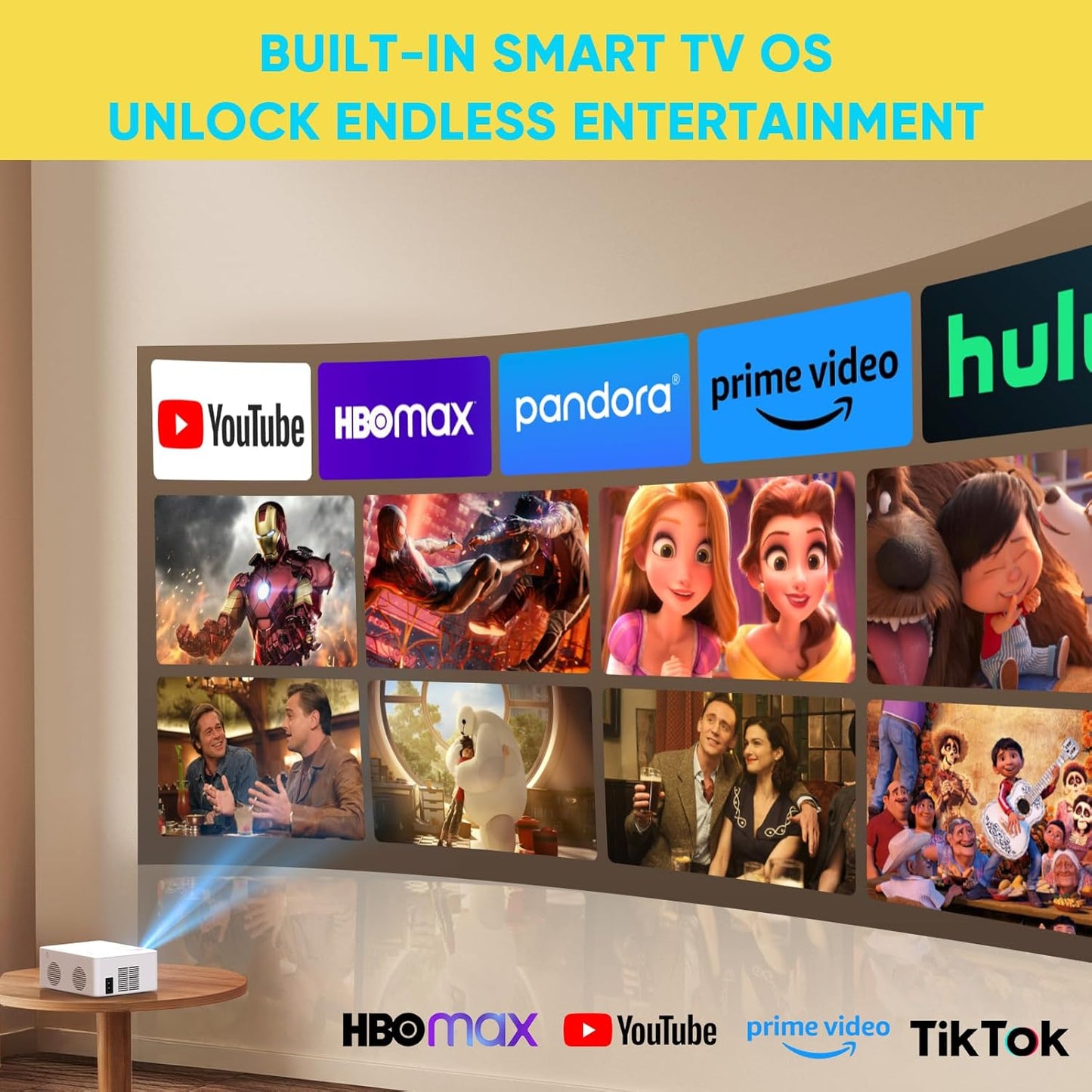 [2025 Built-in-Apps] PURSHE Smart Mini Projector with WIFI and Bluetooth, Full HD 1080P 4K Supported Portable Outdoor Movie Projector with Zoom, Home Cinema for Game/Phone/HDMI Devices (APP Version)