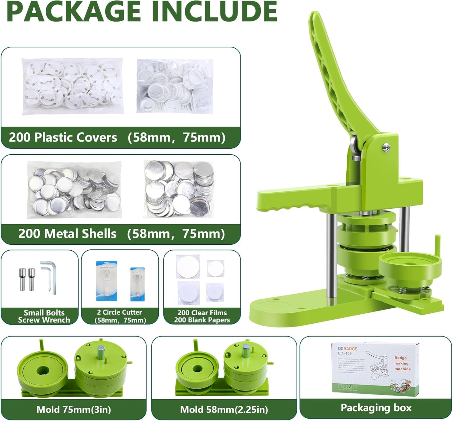 Button Maker Machine Multiple Sizes 200 Pcs，Pin Maker Machine 2.25+3 Inch Badge Maker,DIY Badge Making Kit with Free Button Parts, Circle Cutter