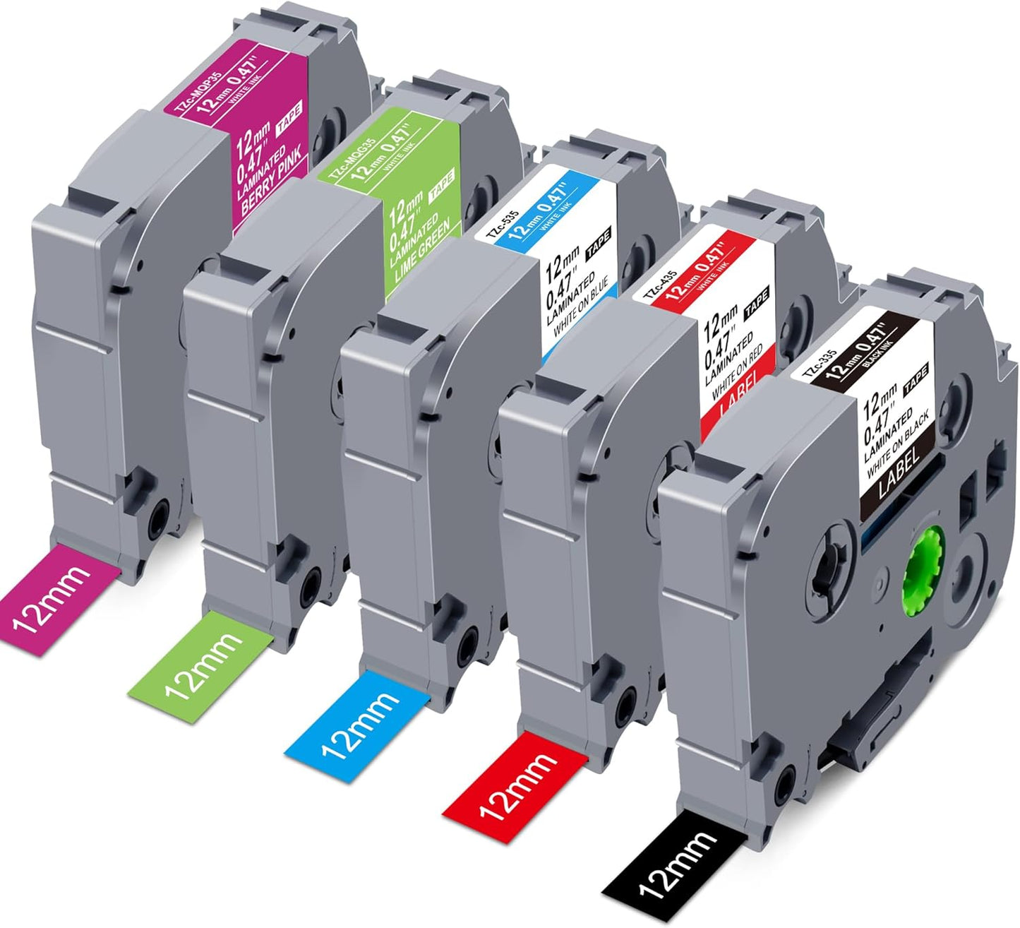 RAEMALL Compatible with Brother Label Tape TZe335 TZe435 TZe535 TZeMQG35 TZeMQP35 TZe TZ Tape, 12mm 0.47 Inch Laminated White on Color Compatible with Brother P Touch Label Maker PT-D210 H110