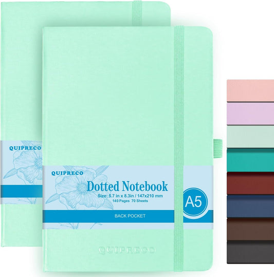 2Pack Bullet Dotted Hardcover Journal Notebook, A5 140 Pages 120Gsm Thick Paper for School,Note Taking,Work,Diary，5.7"*8.3",Light Green