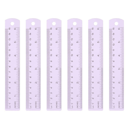 HARFINGTON 6pcs Metal Straight Ruler 15cm Metric SAE Aluminum Alloy Measuring Rulers Scale Tool with Hole for Measure Study Reading Classroom Office, Purple