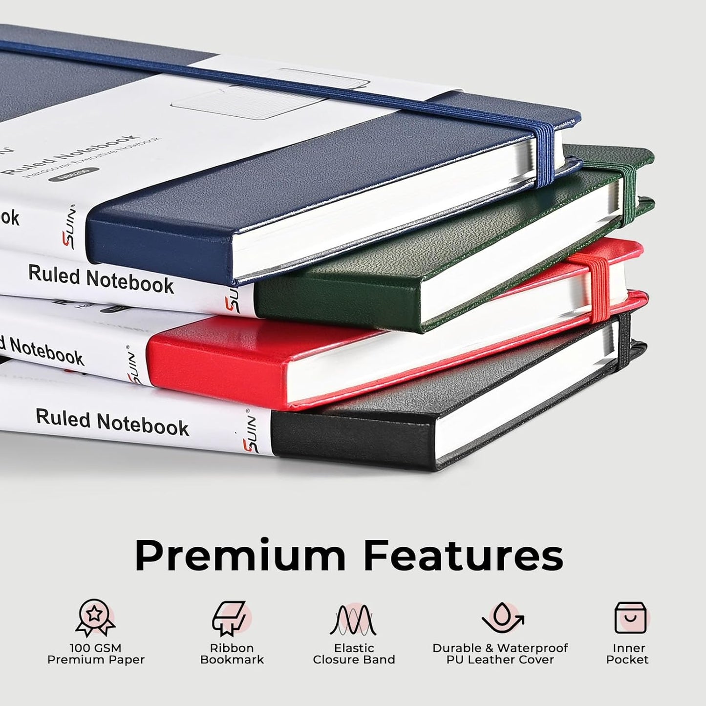 SUIN A5 Hardcover Notebook, 5.5" x 8.3", 100gsm, 160 Pages, Journal for Writing, Notebooks for work - No-Bleed Paper, Inner Pocket, Elastic Closure & Ribbon Bookmark, Black-8Pack