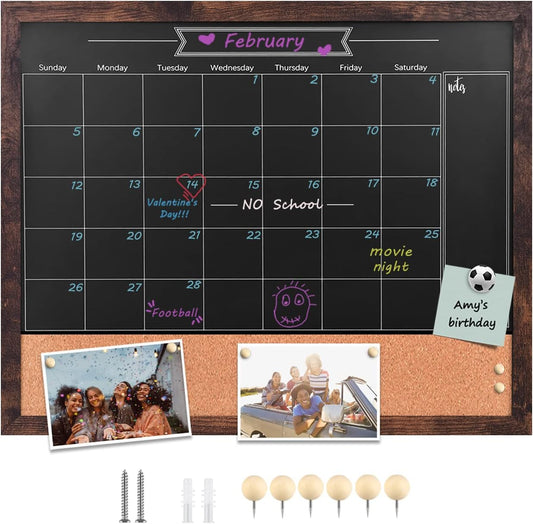TORASO Magnetic Chalkboard Calendar Corkboard, 17.7" x 21.6" Combination Chalk Board Bulletin Board, Walnut Brown Framed Blackboard Calendar Cork Combo Board(ZHHB-BN-4555)