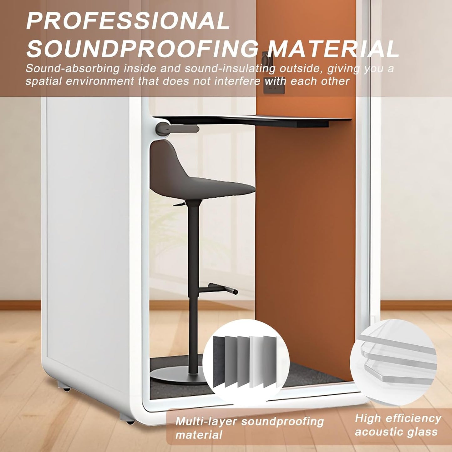 Office Sound Booth with Audio Privacy - Portable Soundproof Pod with Orange Interior,Phone Pod with Light,Ventilation,Socket for Phone,Singing,Work