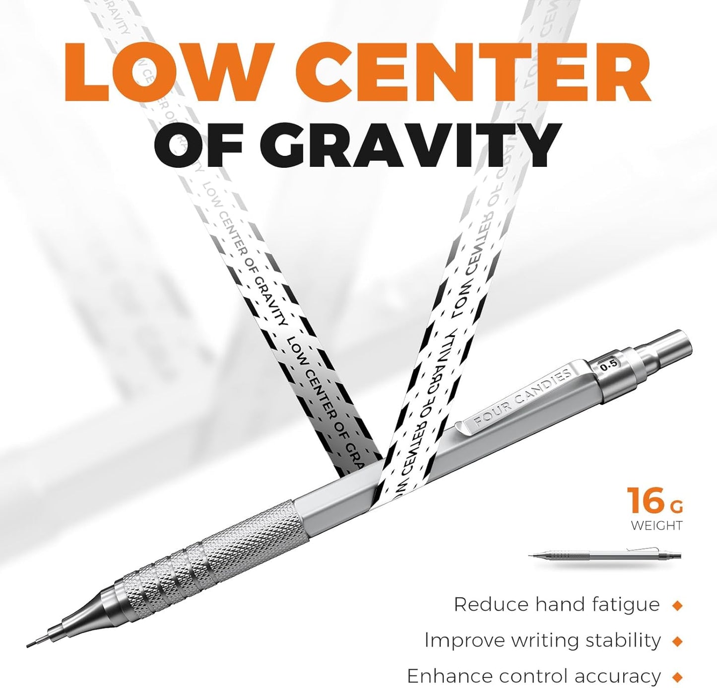 Four Candies 2PCS Metal Mechanical Pencils Set with Case, 0.5mm & 0.7 mm Artist Pencil with 6 Tubes (360PCS) HB Lead Refills, 3 Erasers,9 Eraser Refills For Writing Drafting, Drawing, Silver