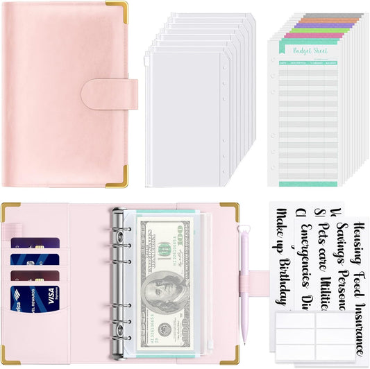 Rnivvi Budget Binder with Zipper Envelopes, A6 Money Saving Binder Cash Envelopes for Budgeting, PU Leather Planner Money Organizer for Cash Stuffing Planning, Cute System Wallet for Women Men, Pink