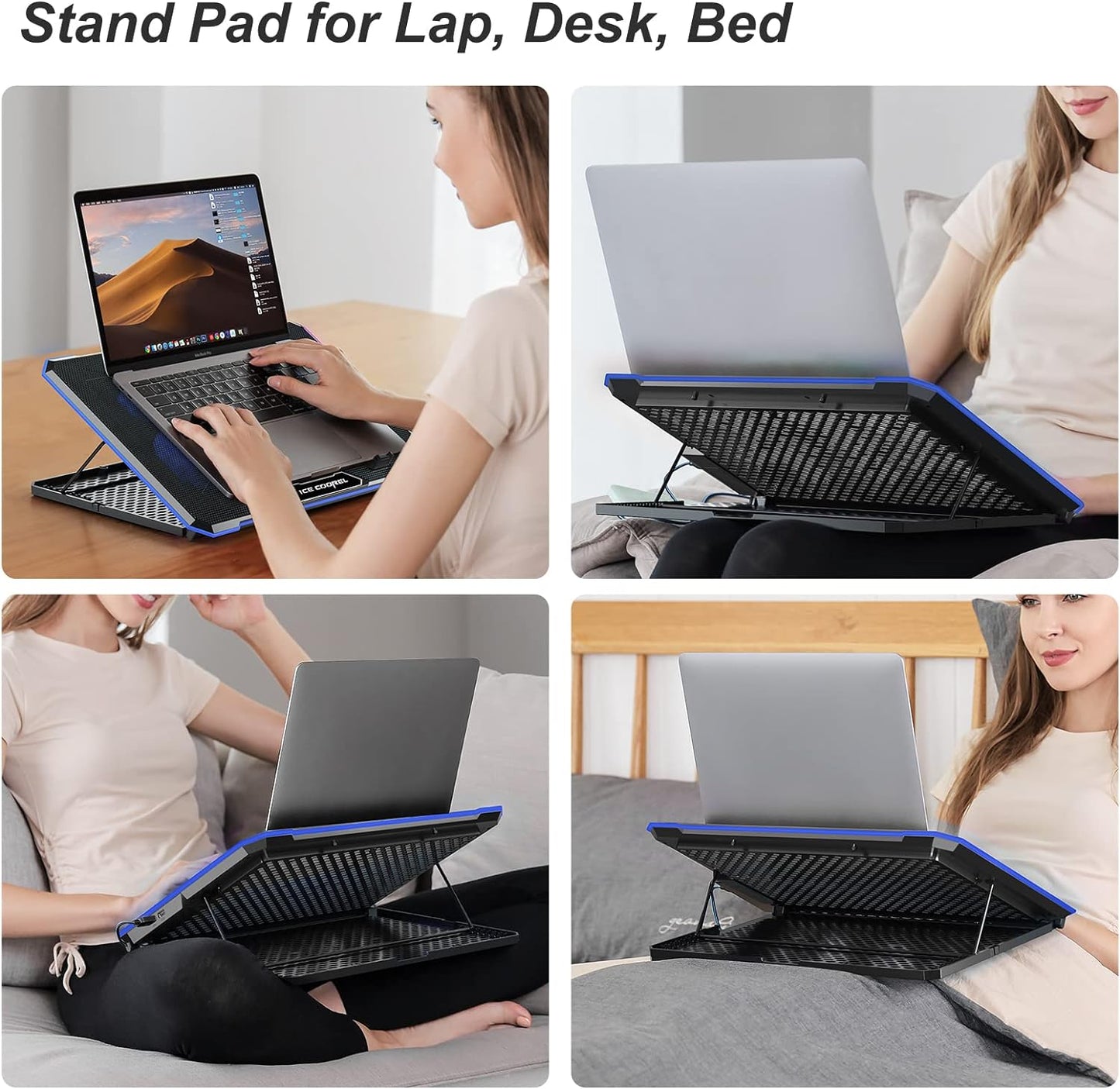ICE COOREL Laptop Cooling Pad with 6 Cooling Fan, Laptop Cooler Fan with No Lights, Cooling pad for Laptop 15-17 Inches, Notebook Cooler Stand with 9 Height Adjustable, Cooler Pad for Lap or Desk Use