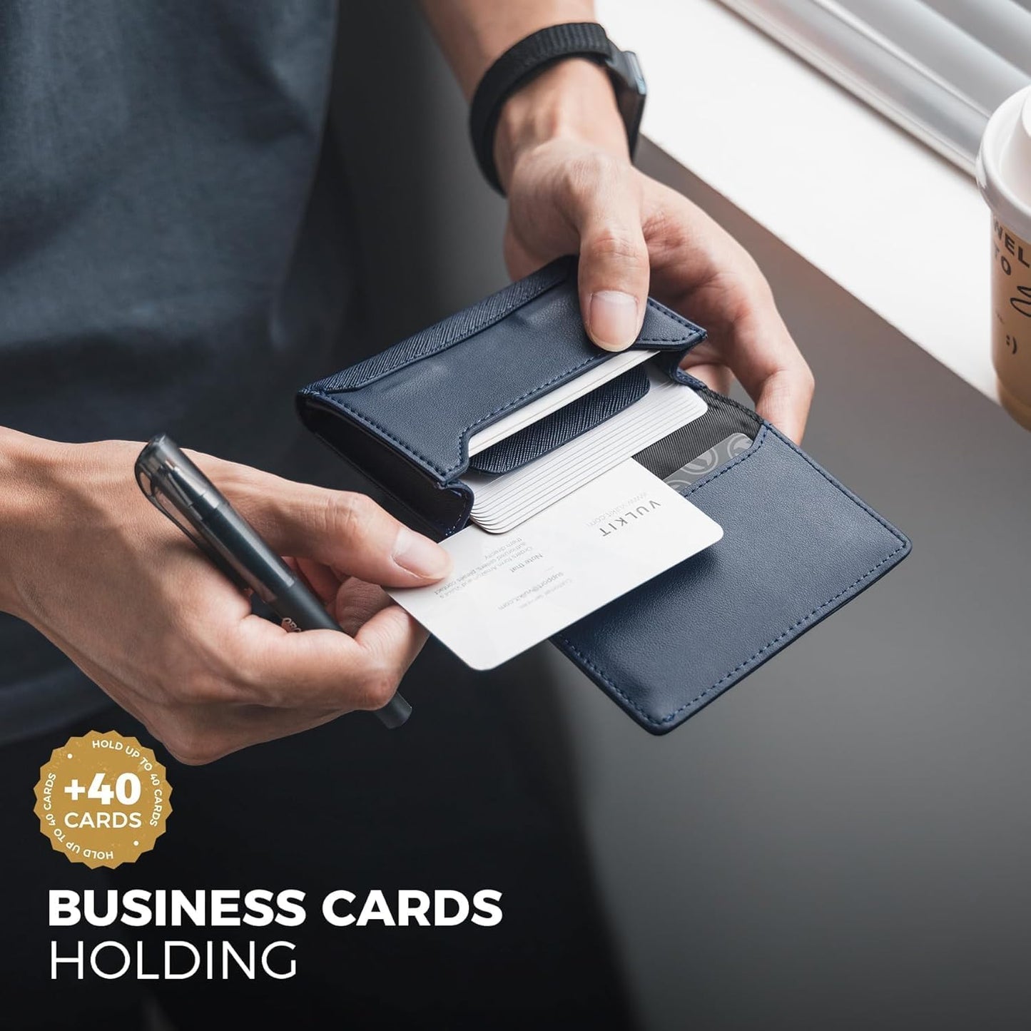 Real Leather Business Card Holder Premium RFID Blocking Card Case with ID Window and Magnetic Closure Holds Up to 40 Business Cards (Navy)