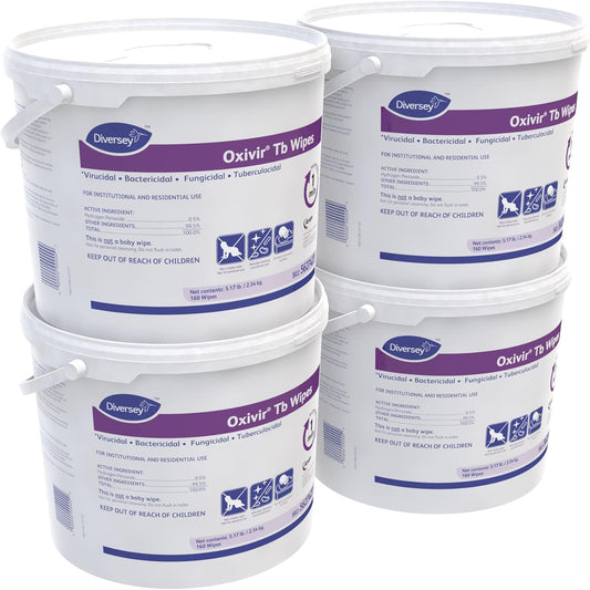 Oxivir Diversey Tb 5627427 Ready-to-Use Disinfectant Cleaning Wipes, Accelerated Hydrogen Peroxide, 11x12-Inch Extra Large Sheets, 160-Wipes, 1-Bucket (Pack of 4)