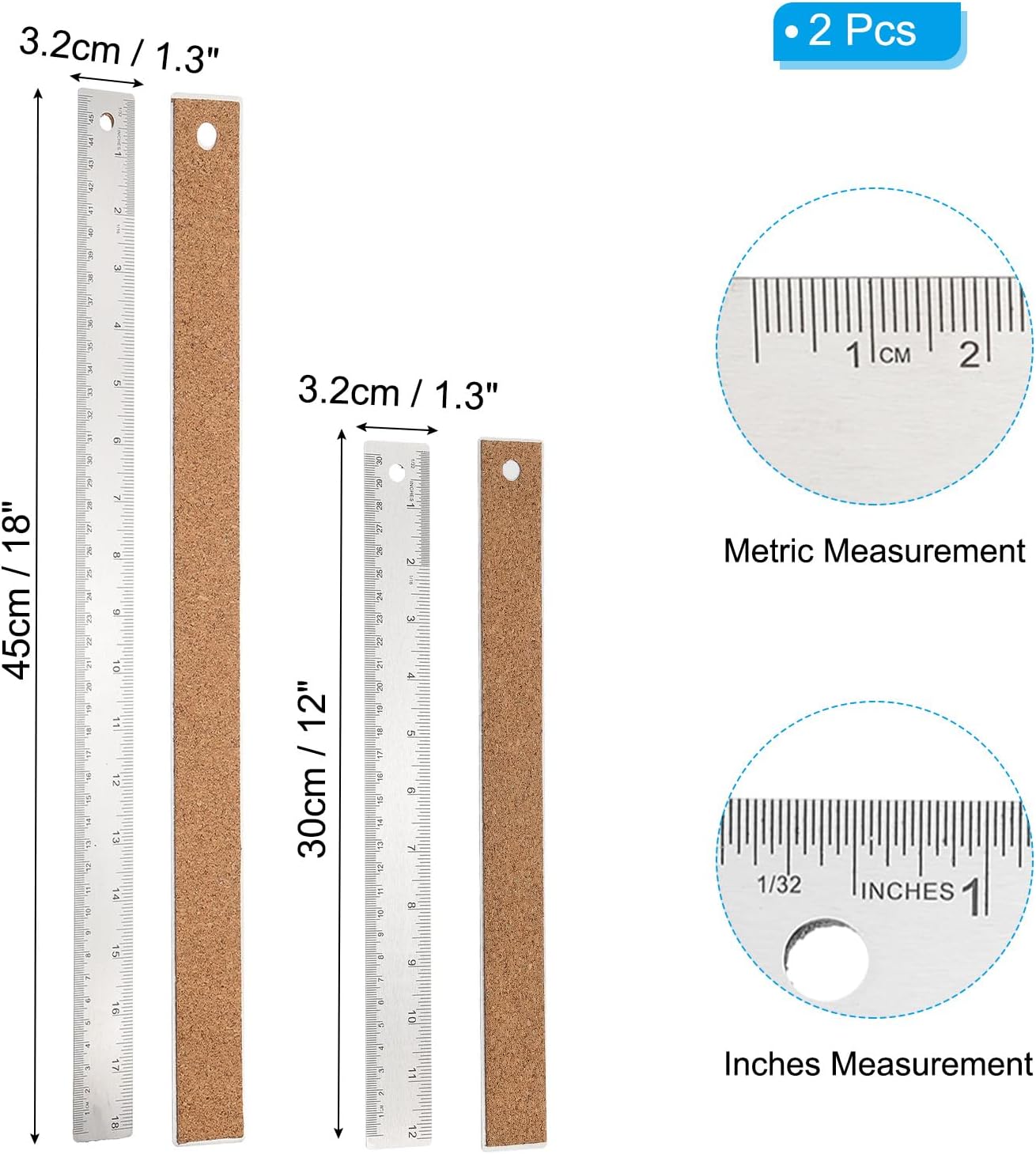 PATIKIL 12, 18 Inch Stainless Steel Straight Edge Ruler, 2 Pcs Cork Backing Non-Slip Metal Ruler with Inches Centimeter Metric Measuring Tools for Office