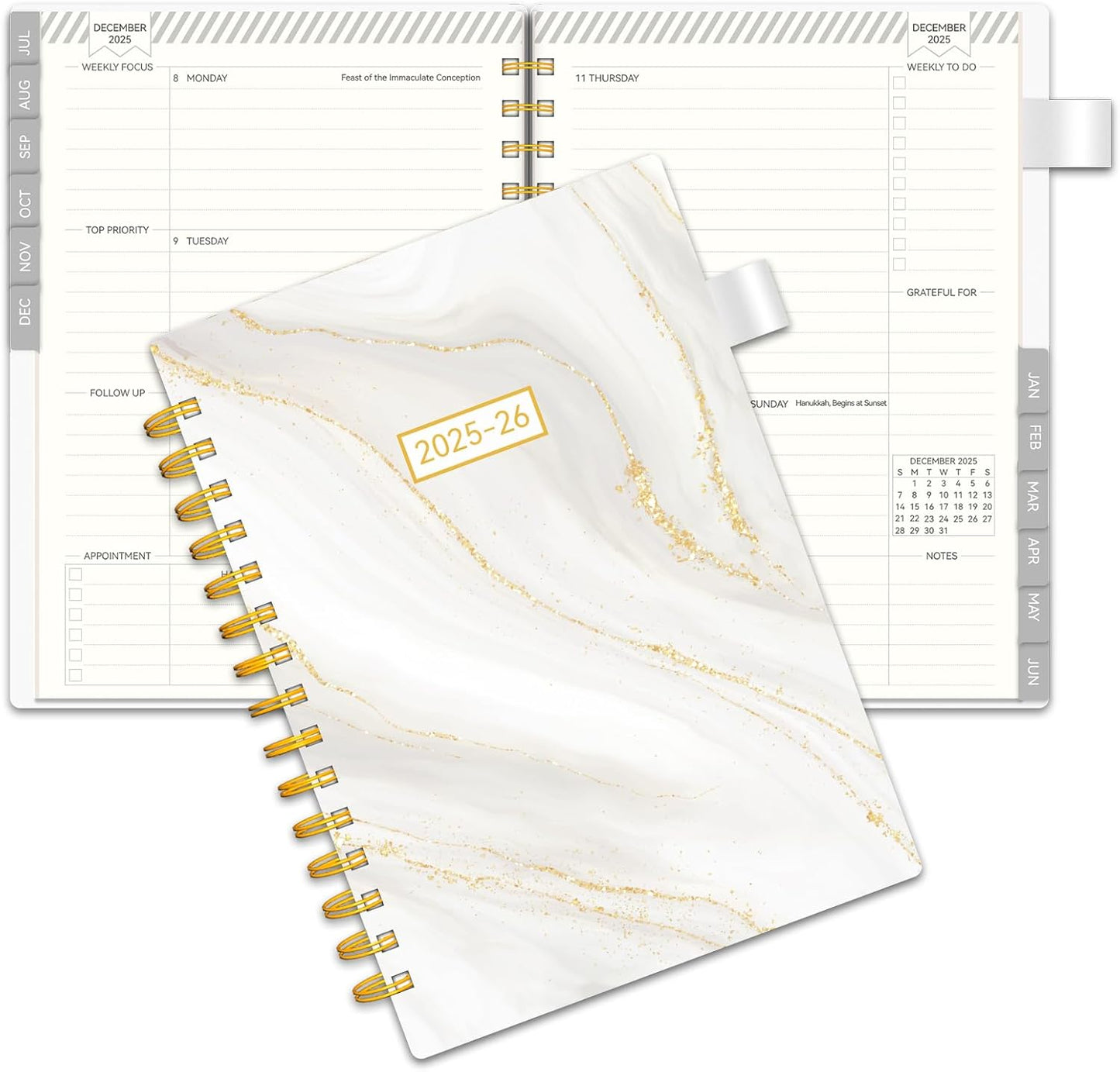 Planner 2025-2026, Weekly and Monthly Planners run from Jul.2025 - Jun.2026, AIMPEAK Calendar Planner with Monthly Tabs, White Marble, 5.5"x8.5"