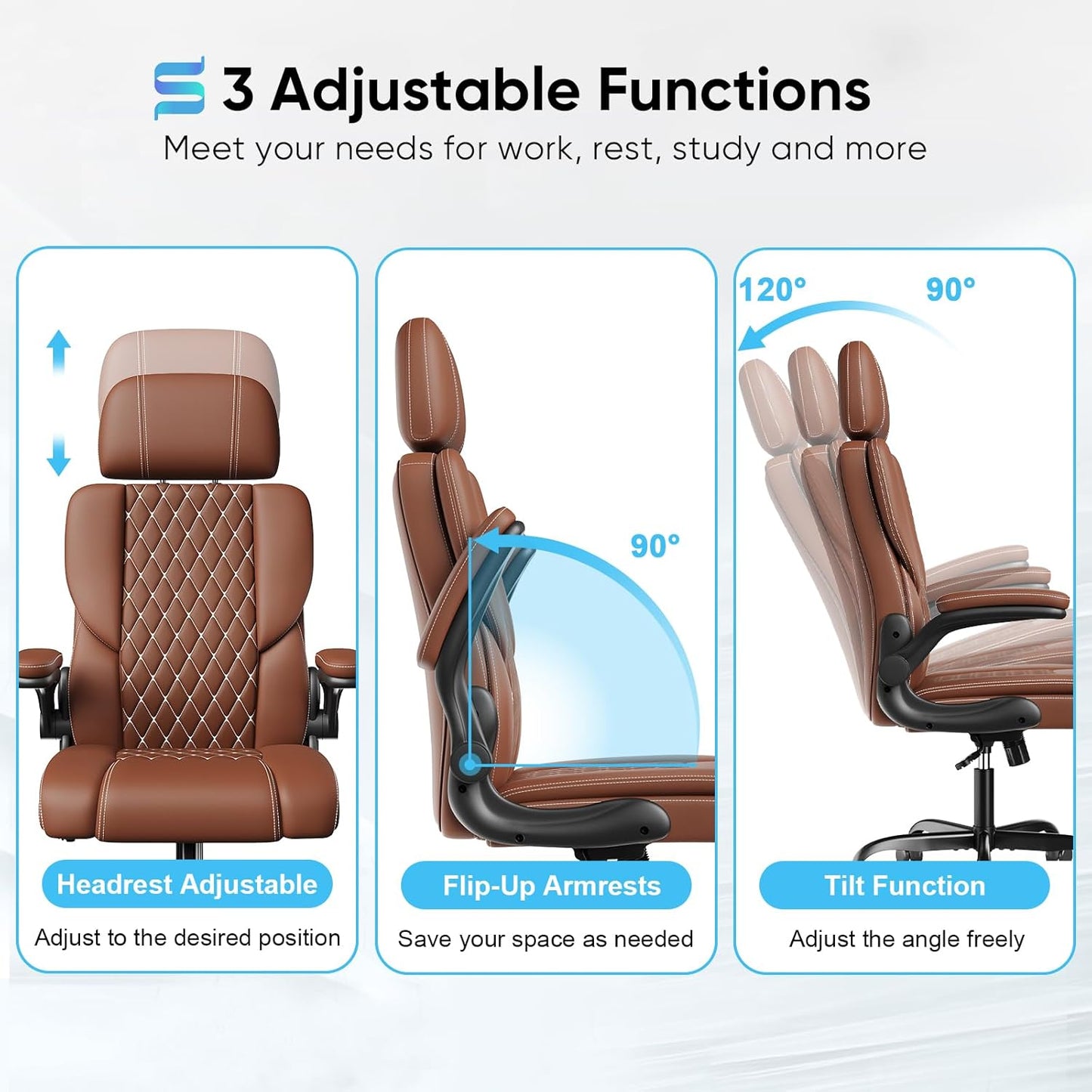 Sytas Executive Leather Office Chair, Comfy Desk Chair with Adjustable Headrest & Flip-up Padded Arms & Lumbar Support, Adjustable Hight and Tilt, Rolling Swivel, Brown