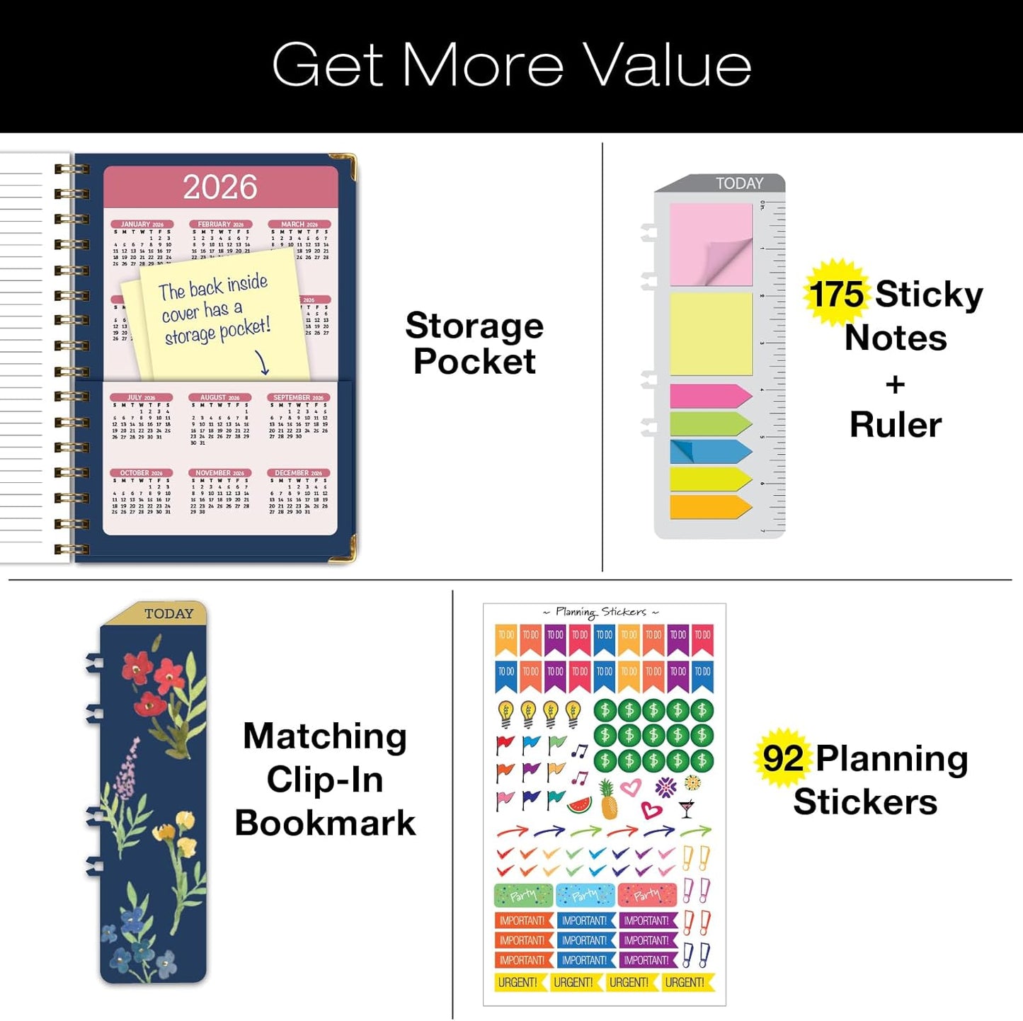 HARDCOVER Academic Year 2025-2026 Planner: (June 2025 Through July 2026) 5.5"x8" Daily Weekly Monthly Planner Yearly Agenda. Bookmark, Pocket Folder and Sticky Note Set (Navy Gold Numbers)