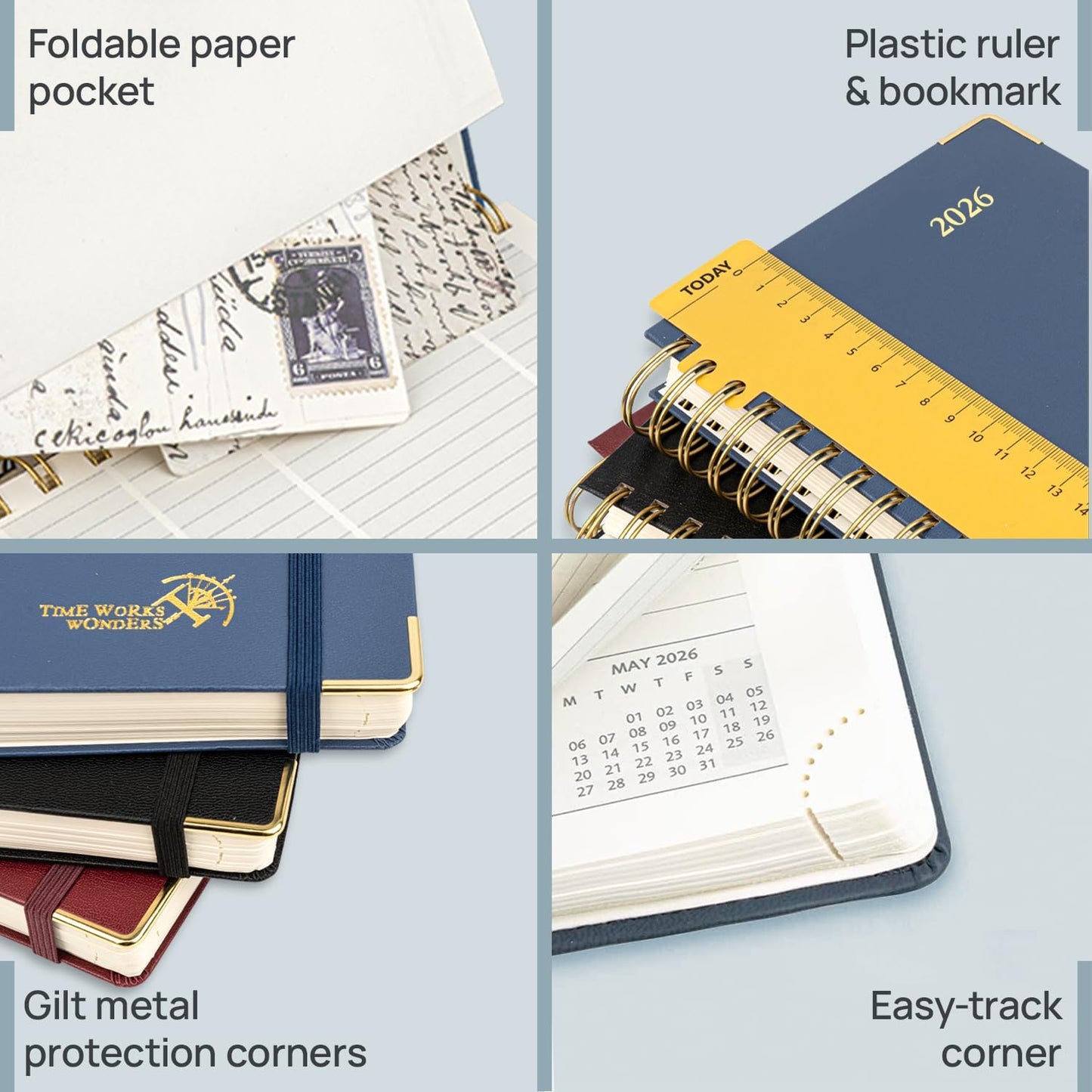 POPRUN 2026 Daily Planner One Page A Day - [A4 Large Size 8.25" x 12" -Spiral Hard Cover], Agenda 2026 Hourly Appointment Book with Monthly Calendar, Pen Holder, Ivory Paper -Midnight Green