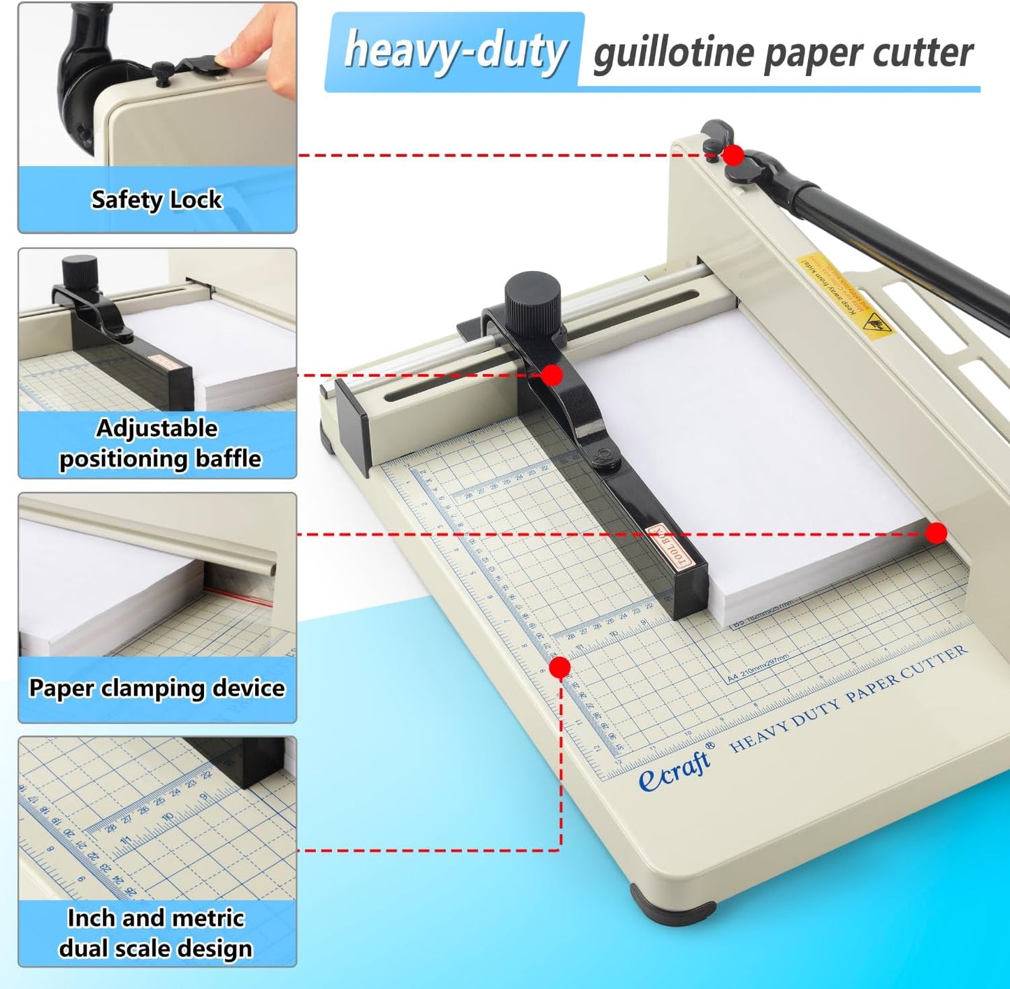 Ecraft Heavy Duty 12" Guillotine Paper Cutter - 400 Sheet Capacity,Solid Steel with HSS Blade,Industrial Commercial Trimmer for Office,School,Print Shop,Safety Lock & Clear Grids