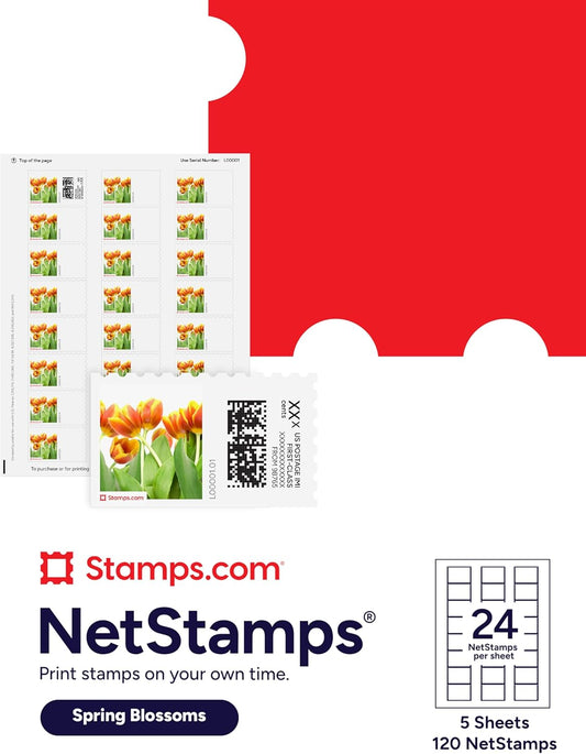 Spring Blossoms NetStamps 120-Pack (5 Sheets) Printable Postage Labels (Stamps.com Subscription Required) - Print Approved Postage - Inkjet & Laser Printers - Business, Personal, Home