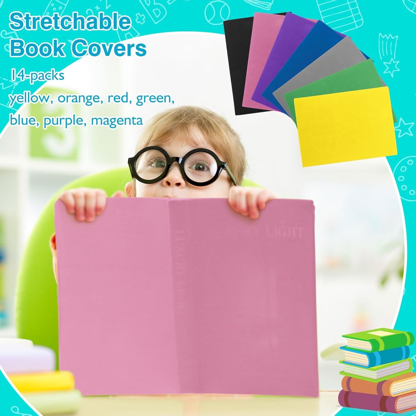 Sherr 14 Pcs Stretchable Book Covers 14.5 x 9 Inch Book Covers Stretchy Durable Book Protector Washable Reusable Textbooks Book Cloth for Classroom Most Hardcover Book About 9 x 12 Inch (Bright Color)