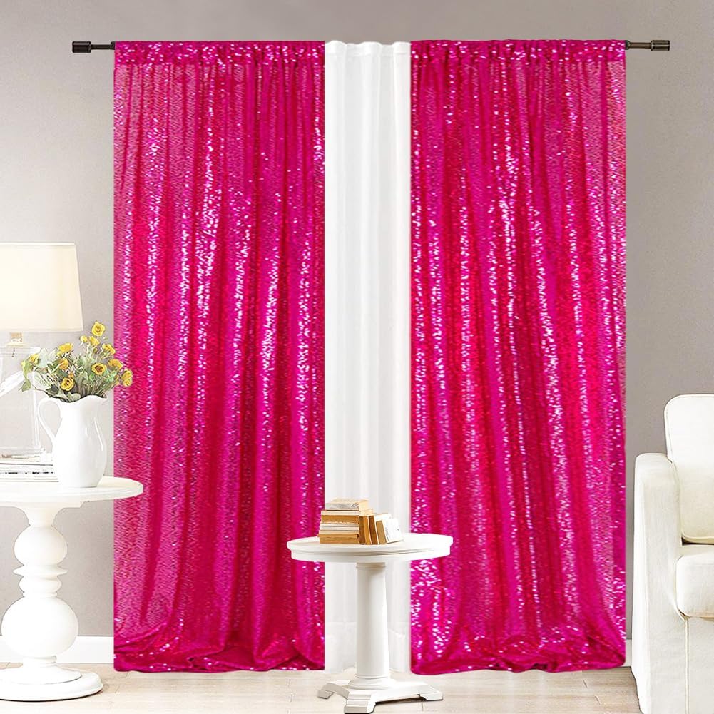 Eternal Beauty Sequin Backdrop Curtains, 2x8 Ft-2 Panels Hot Pink Back Drop for Shimmer Photography Party Wedding Birthday Decor