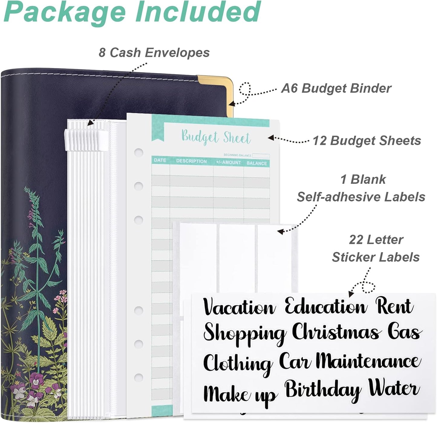 Rnivvi Budget Binder with Zipper Envelopes, A6 Money Saving Binder Cash Envelopes for Budgeting, PU Leather Planner Money Organizer for Cash Bills, Cute Floral System Wallet for Women, Black Flower