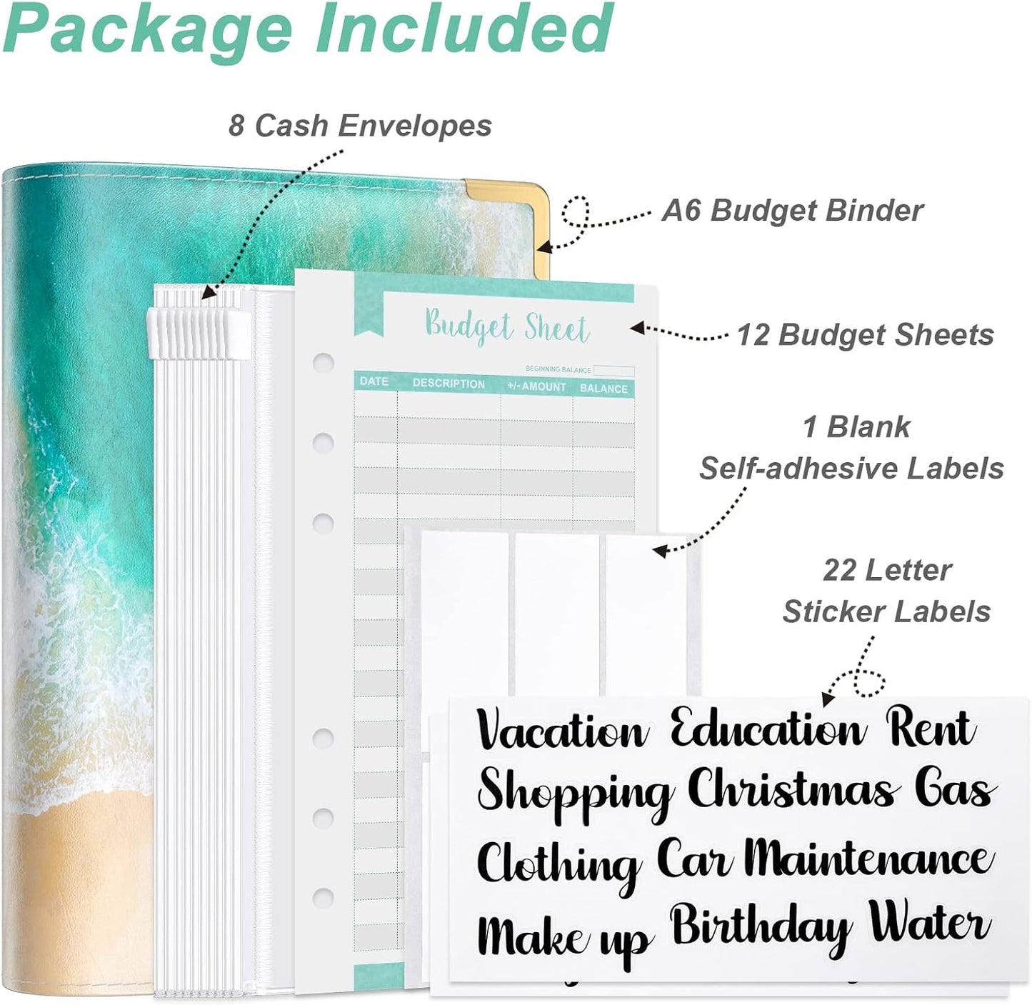 Rnivvi Budget Binder with Zipper Envelopes, A6 Money Saving Binder Cash Envelopes for Budgeting, PU Leather Planner Money Organizer for Cash Stuffing Planning, Cute System Wallet for Women Men, Beach