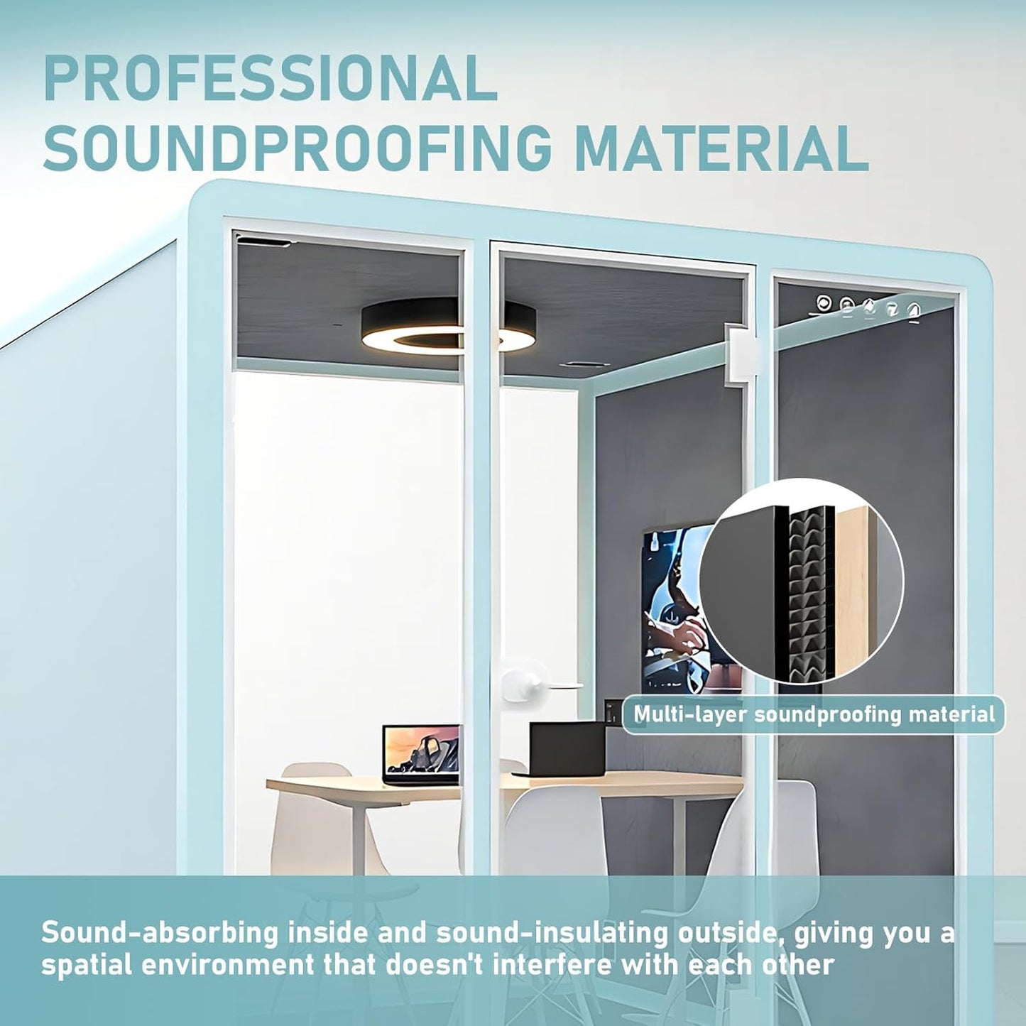 Office Sound Booth with Audio Privacy - Freestanding Soundproof Booth Includes Light Blue Frame Design,Modern Soundproof Room with Light, Socket,Casters for Meeting,Negotiation (86.61IN)