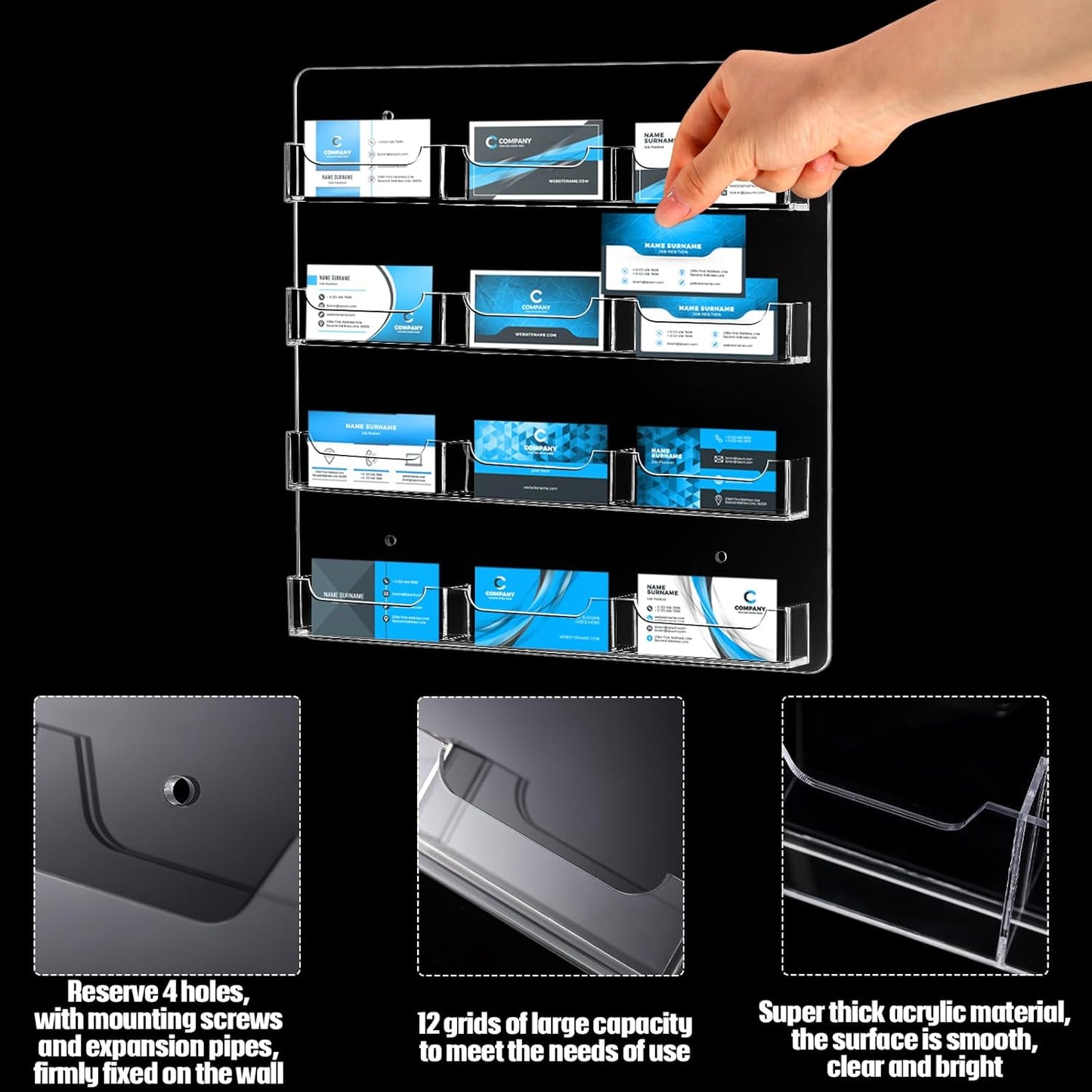 Hillban Acrylic Business Card Holder Wall Mount Clear Sticker Display Rack Multiple Card Holders Clear Acrylic Organizing Sticker Display Stand Pre Drilled(12 Pockets)