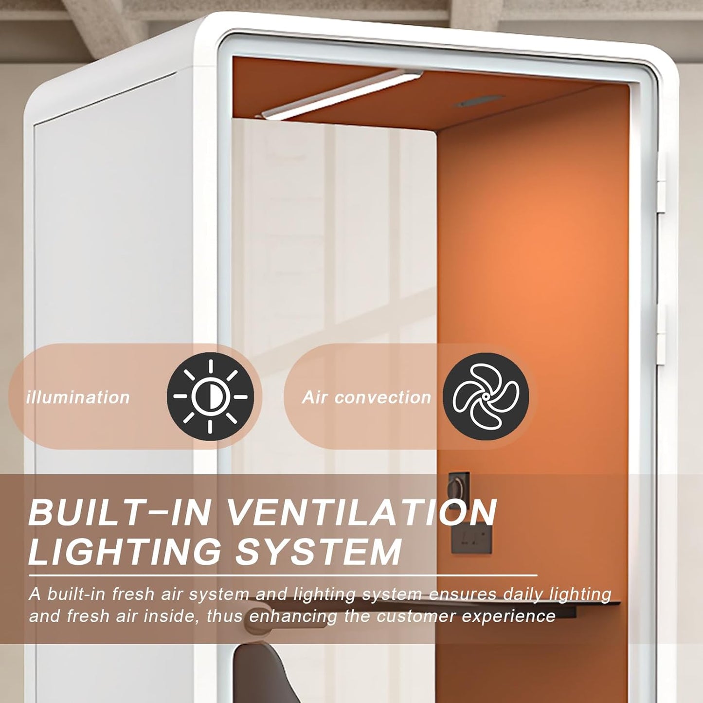 Office Sound Booth with Audio Privacy - Portable Soundproof Pod with Orange Interior,Phone Pod with Light,Ventilation,Socket for Phone,Singing,Work