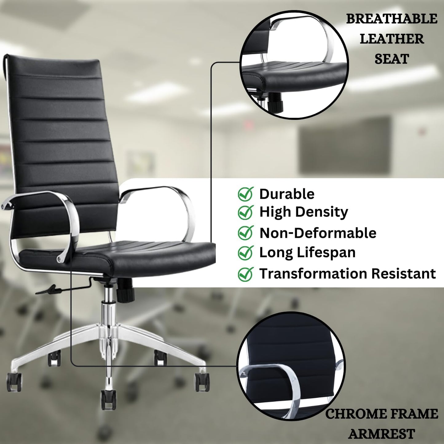 Ribbed Desk Chair - Lumbar Support, Modern Style Executive Chair for Home and Office - 360 Swivel Rolling Wheels - Aluminum Chrome Frame & Base (Black & Chrome High Back, Pack of 25)