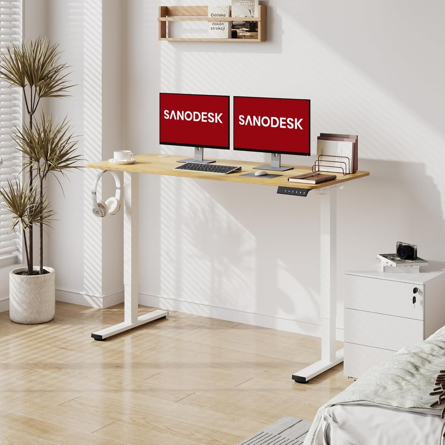 SANODESK Electric Standing Desk 63x24 Inch Height Adjustable Stand Up Desk Home Office Computer Workstation Sit Stand Home Office Desk with Splice Board (White Frame + Maple Top)