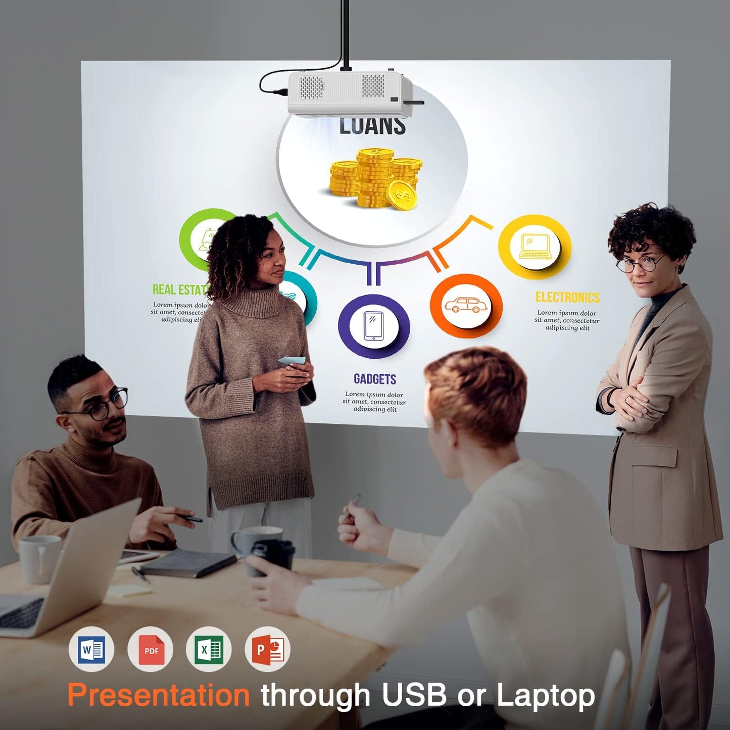 AuKing Projector, 2025 Upgraded 6D/4P-Keystone Projector, Full HD 1080P Home Theater Video Projector, Compatible with HDMI/USB/AV/Smartphone/TV Box/Laptop