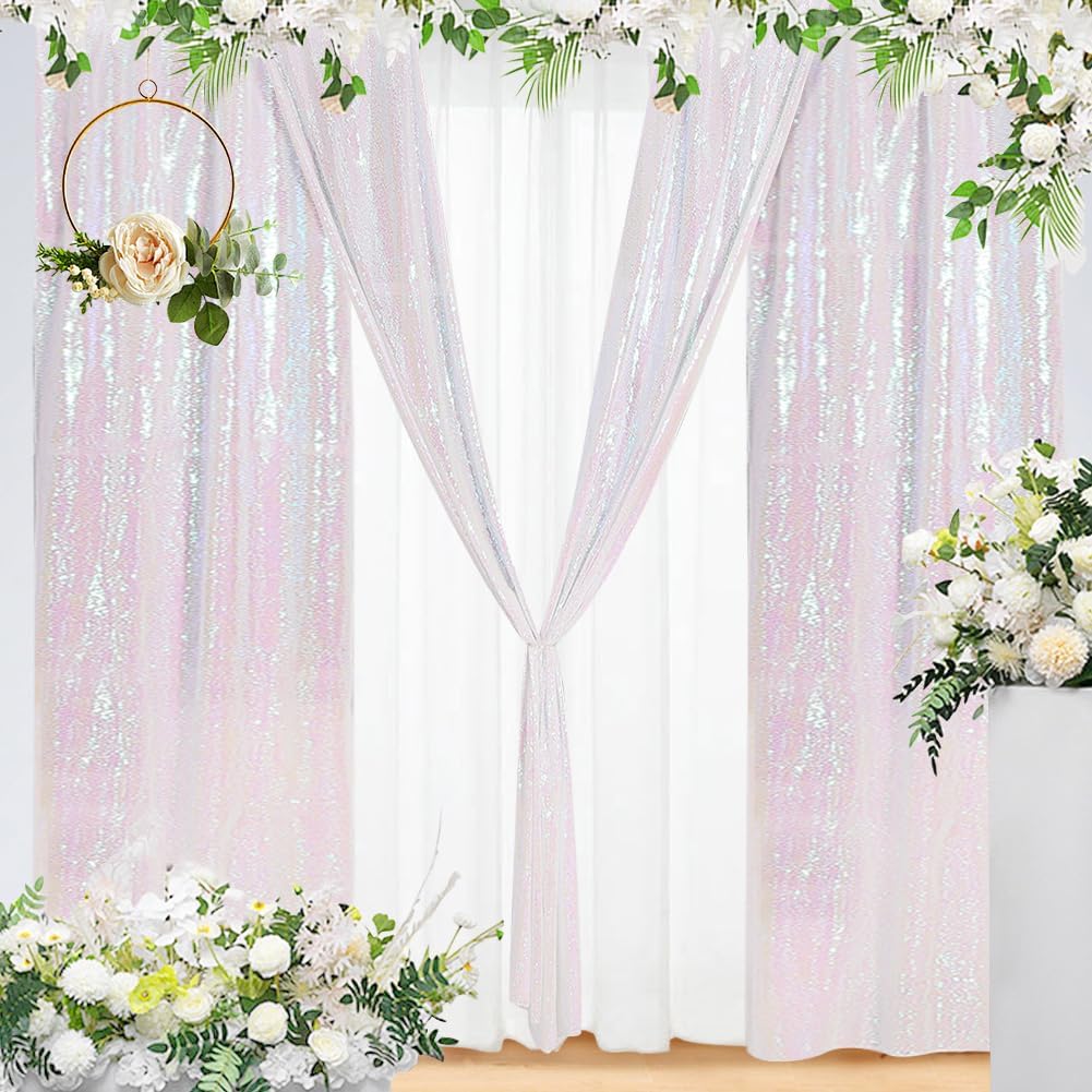 Eternal Beauty Sequin Backdrop Curtains, 2x8 Ft-2 Panels White Iridescent Back Drop for Shimmer Photography Party Wedding Birthday Decor