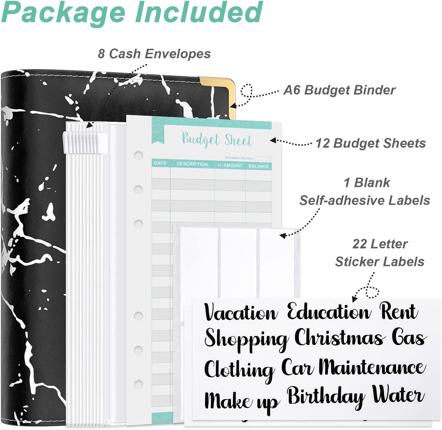 Rnivvi Budget Binder with Zipper Envelopes, A6 Money Saving Binder Cash Envelopes for Budgeting, PU Leather Planner Money Organizer for Cash Bills, Cute Marble System Wallet for Women Men, Black