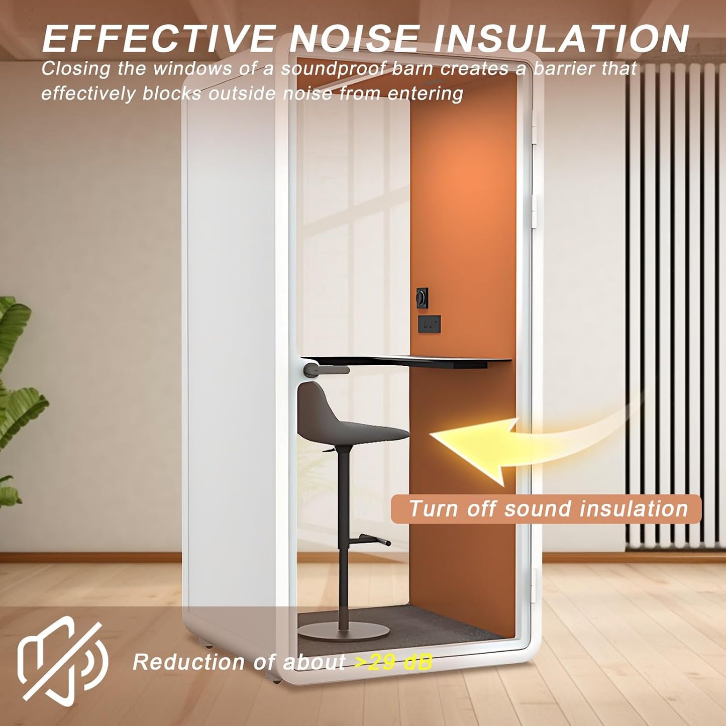Office Sound Booth with Audio Privacy - Portable Soundproof Pod with Orange Interior,Phone Pod with Light,Ventilation,Socket for Phone,Singing,Work