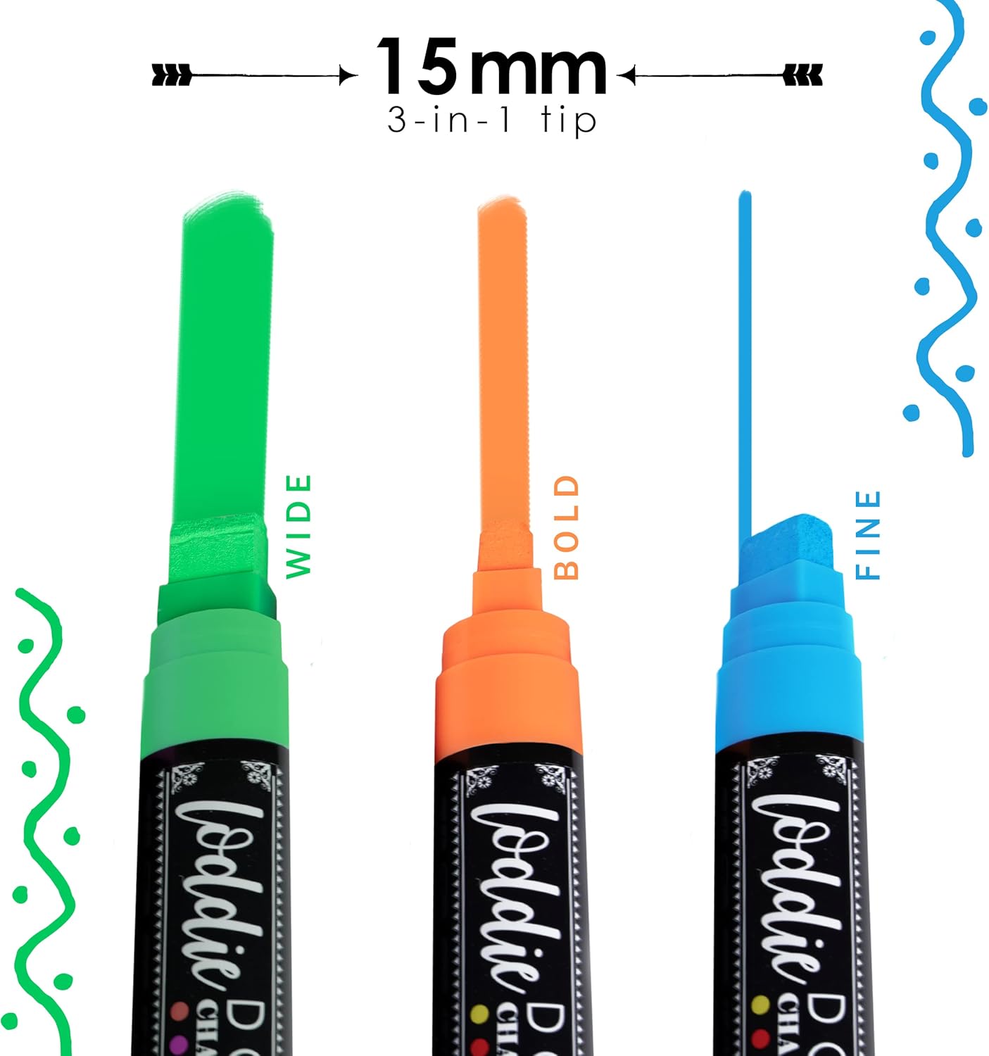Loddie Doddie Jumbo Chalkboard Markers Pack - 8 Vivid Neon Colors - 15mm Chisel Tip - Erasable Liquid Ink for Signs, Blackboard, Car Window & Bistro - Neon Chalk Markers