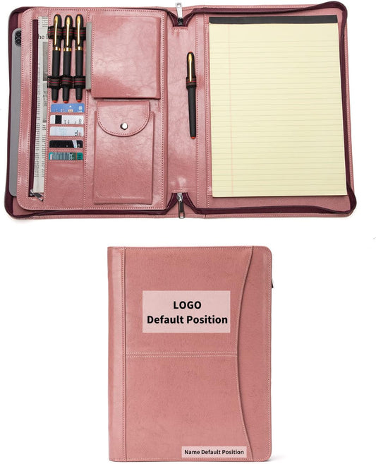 Personalized Vegan Leather Portfolio with Front Pocket for Women, Custom Zippered Padfolio Binder for 8.5 x 11 Legal Pad Notebook, Professional Laptop Case, Pink