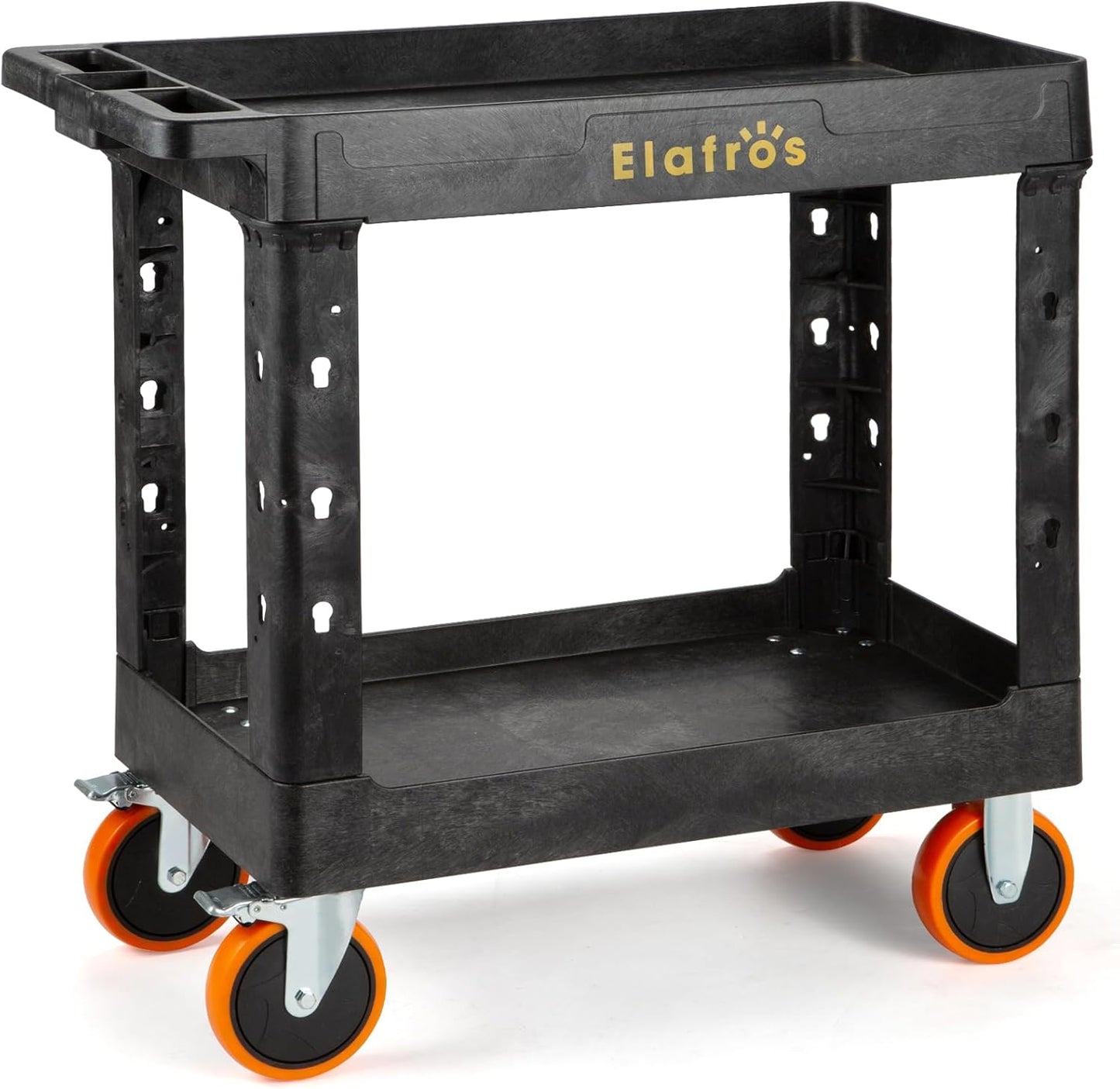 ELAFROS 2-Tier Heavy Duty Plastic Utility Cart, 34" x 17", Work Cart with Tub Storage, Deep Shelves, 2 Fixed 2 Swivel Wheels, Holds up to 550 lbs, 6" Casters, Service Cart for Warehouse