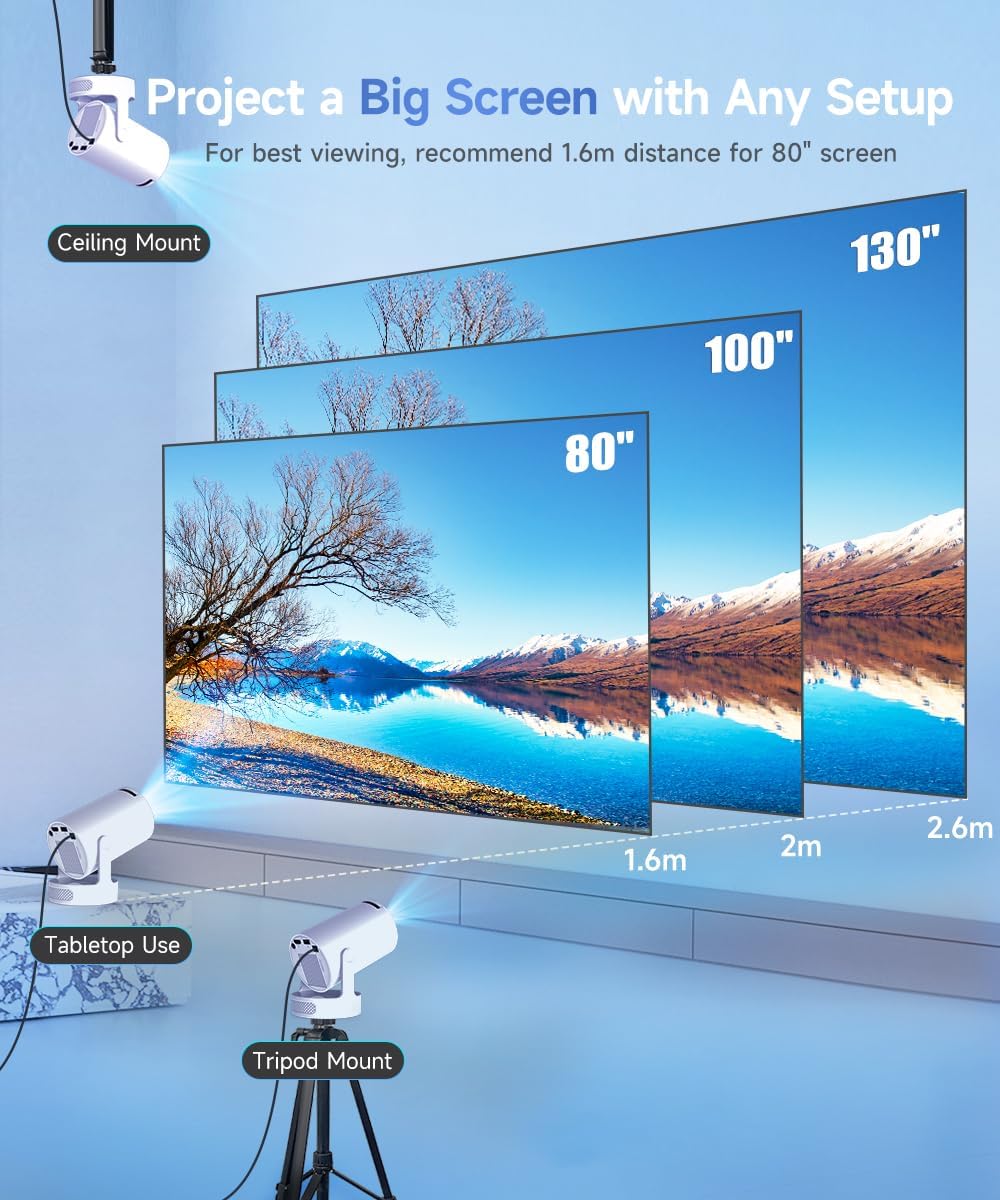 Mini Projector with WiFi 6 and Bluetooth 5.4, Portable Projector 4K support, 5w Soundbase Speaker, Auto Vertical Keystone 180°Rotatable Smart Proyector for Movie Home Outdoor HY300Pro+