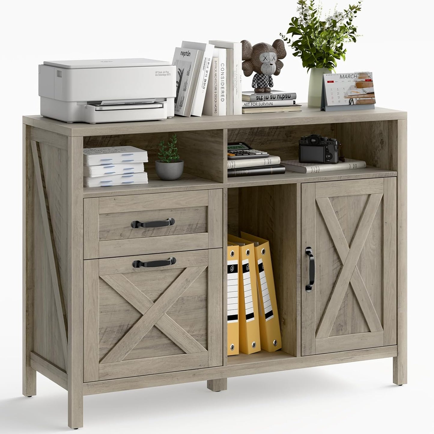 Lateral File Cabinet with 2 Drawers and Door, Farmhouse File Cabinet for A4/Letter Size Hanging Files, Large Wood File Storage Cabinets Printer Stand with Open Space for Home Office Furniture, Grey