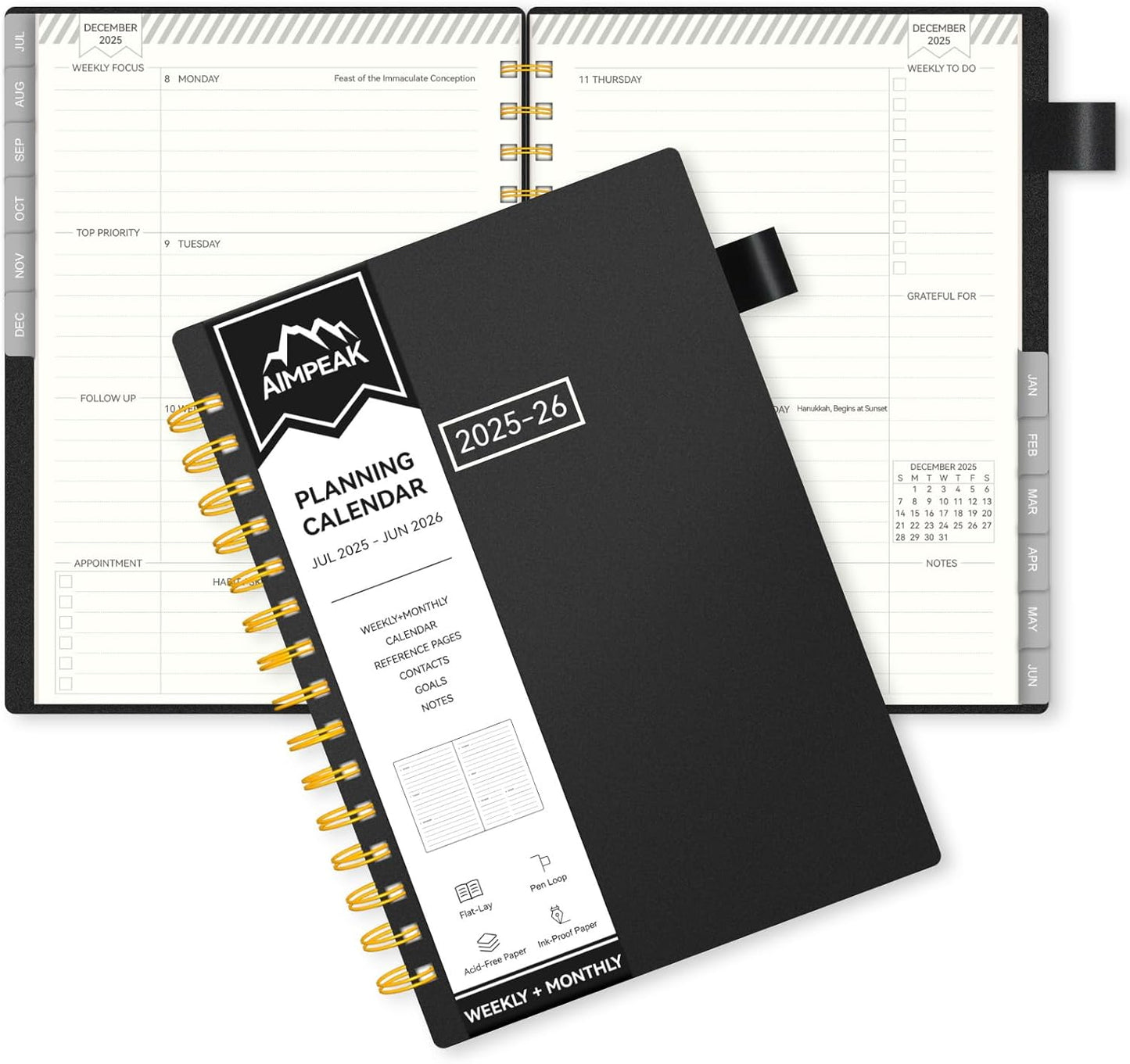 Planner 2025-2026, Weekly and Monthly Planners for Teacher & Student, Jul.2025 - Jun.2026, AIMPEAK Daily Calendar Planner with Monthly Tabs, Pocket, Pen Loop, Flexible Waterproof Cover, Black, 5.5" x 8.5"