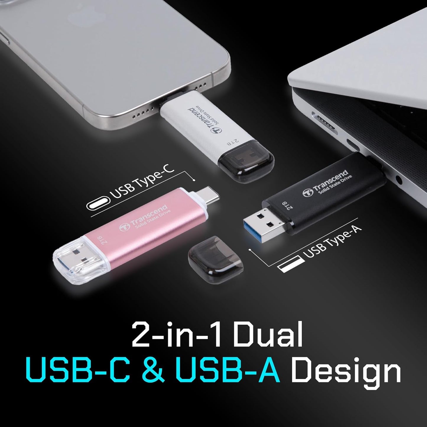 Transcend 2TB External SSD, Up to 1,050MB/s, Dual USB Hard Drive for Tesla, iPhone15,16&iPad&Mac, Steam Deck/ROG Ally/MSI Claw/Windows/Android/PS5/Smart TV, 2-in-1 Type C &A, USB 3.2 Gen2 Portable SSD