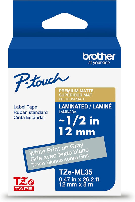 Brother Genuine P-Touch TZe, White Print on Gray Label Tape (TZeML35), Premium Matte Laminated,1in x 26.2ft (24mm x 8m), for Select P-Touch Label Makers, for Crafts, Home Office, Small Business